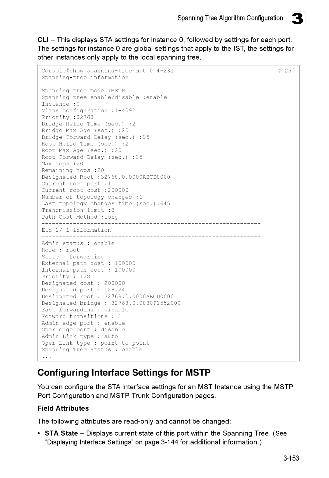 Accton Technology ES3528M-SFP manual Configuring Interface Settings for Mstp, 235 