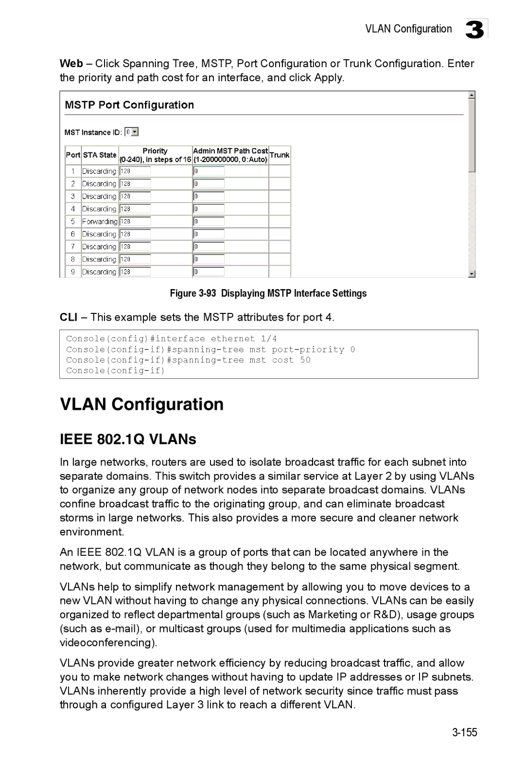 Accton Technology ES3528M-SFP Vlan Configuration, Ieee 802.1Q VLANs, CLI This example sets the Mstp attributes for port 