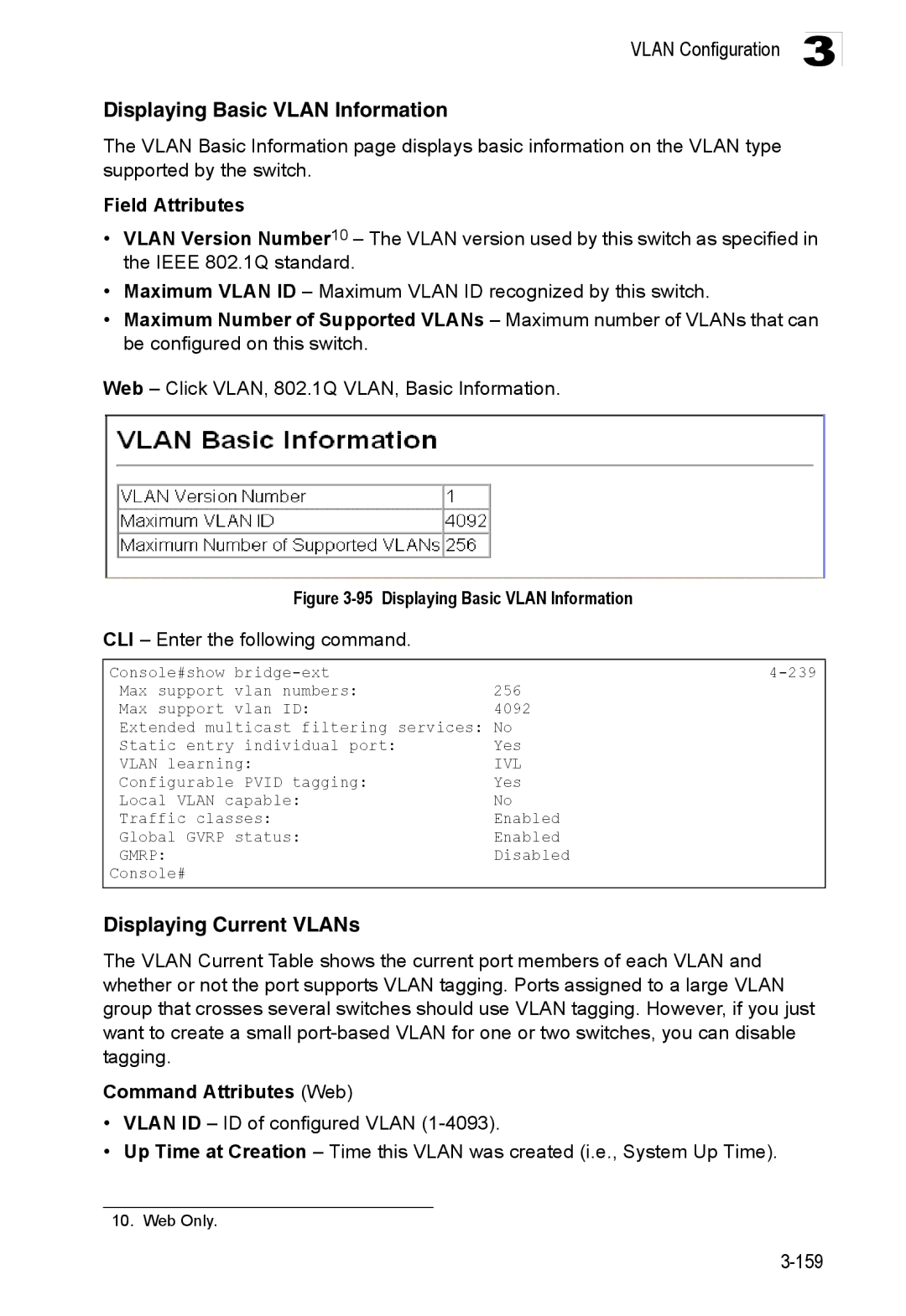 Accton Technology ES3528M-SFP manual Displaying Basic Vlan Information, Displaying Current VLANs, Command Attributes Web 