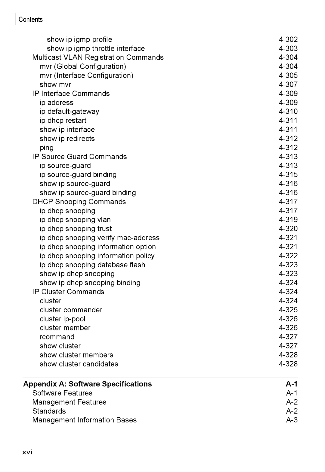 Accton Technology ES3528M-SFP manual Appendix a Software Specifications, Xvi 