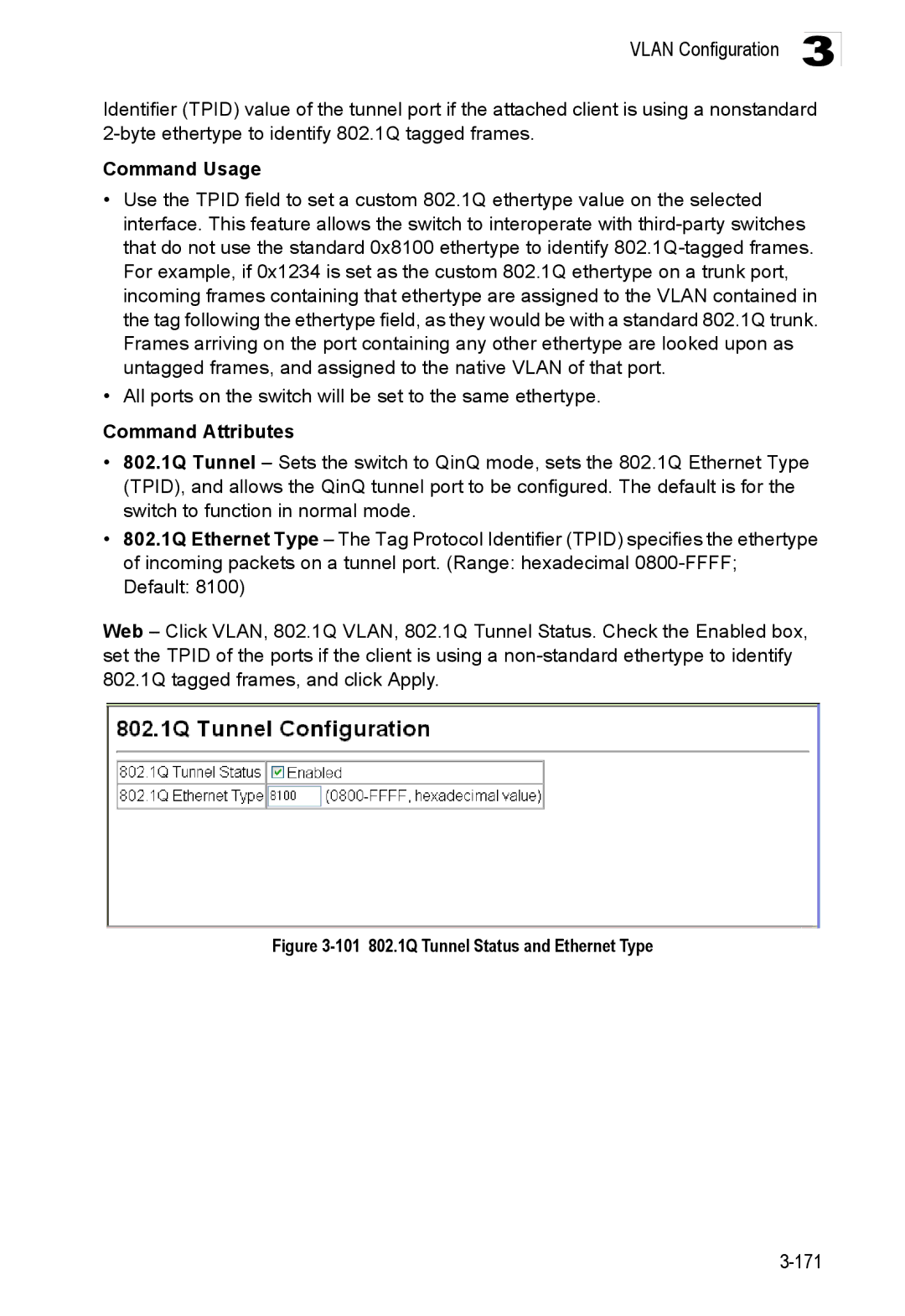 Accton Technology ES3528M-SFP manual 101 802.1Q Tunnel Status and Ethernet Type 