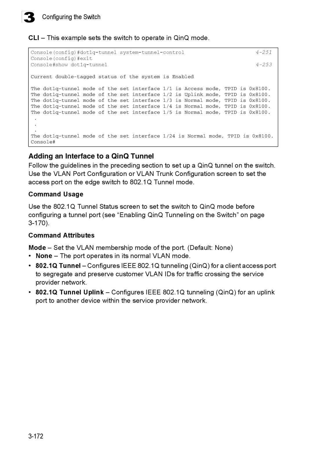 Accton Technology ES3528M-SFP manual Adding an Interface to a QinQ Tunnel, 251, 253 