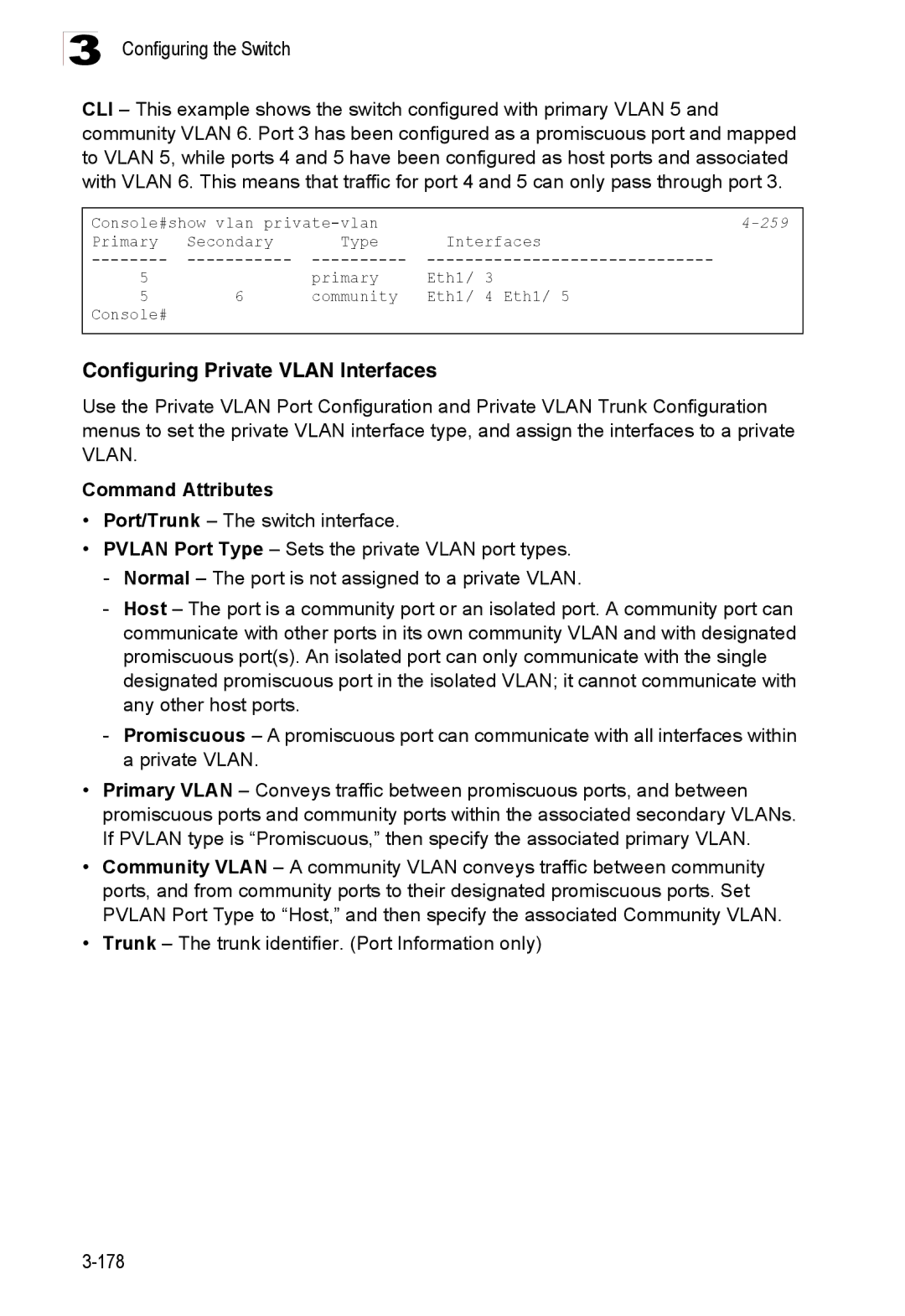 Accton Technology ES3528M-SFP manual Configuring Private Vlan Interfaces, 259 