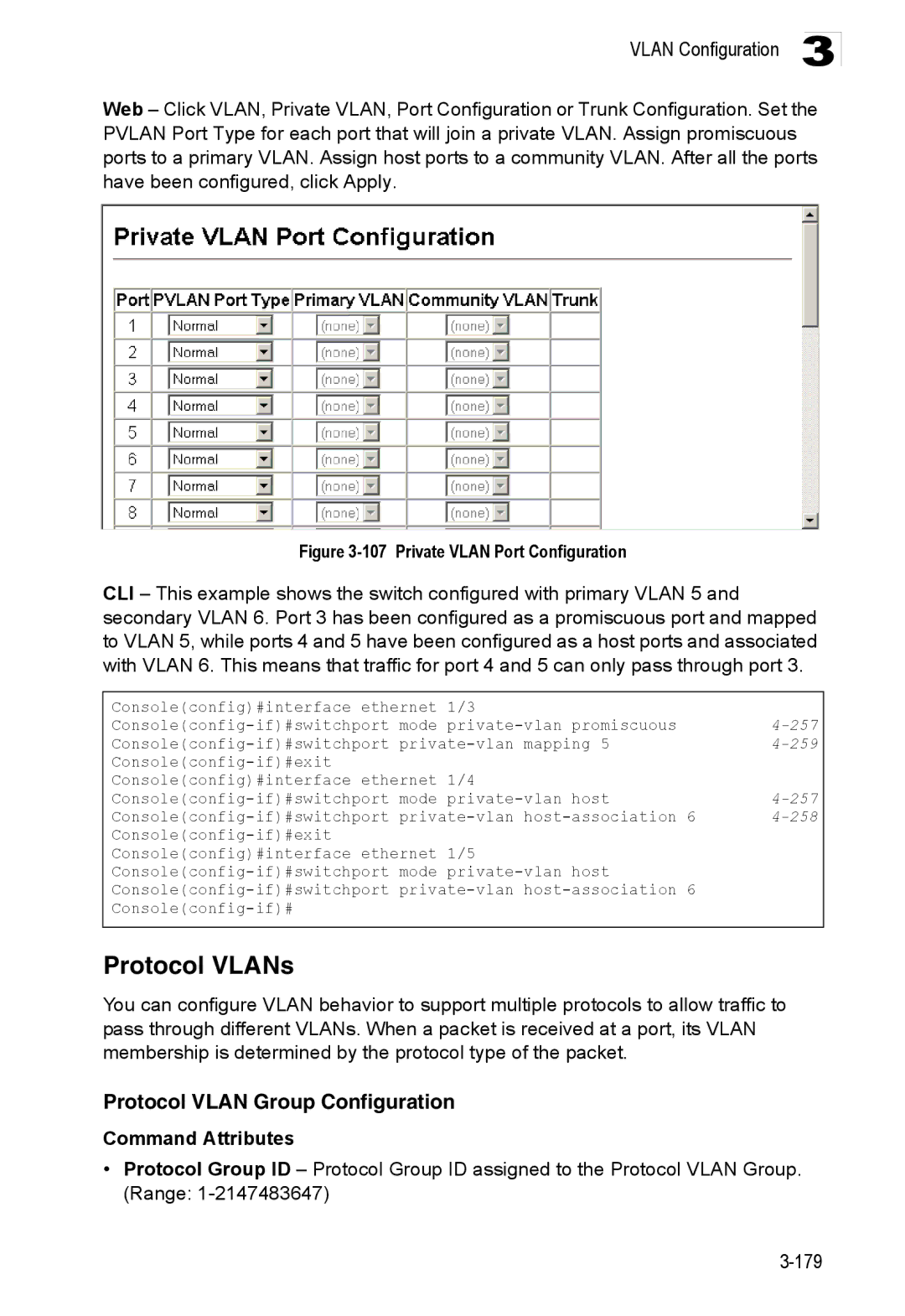 Accton Technology ES3528M-SFP manual Protocol VLANs, Protocol Vlan Group Configuration, 257, 258 