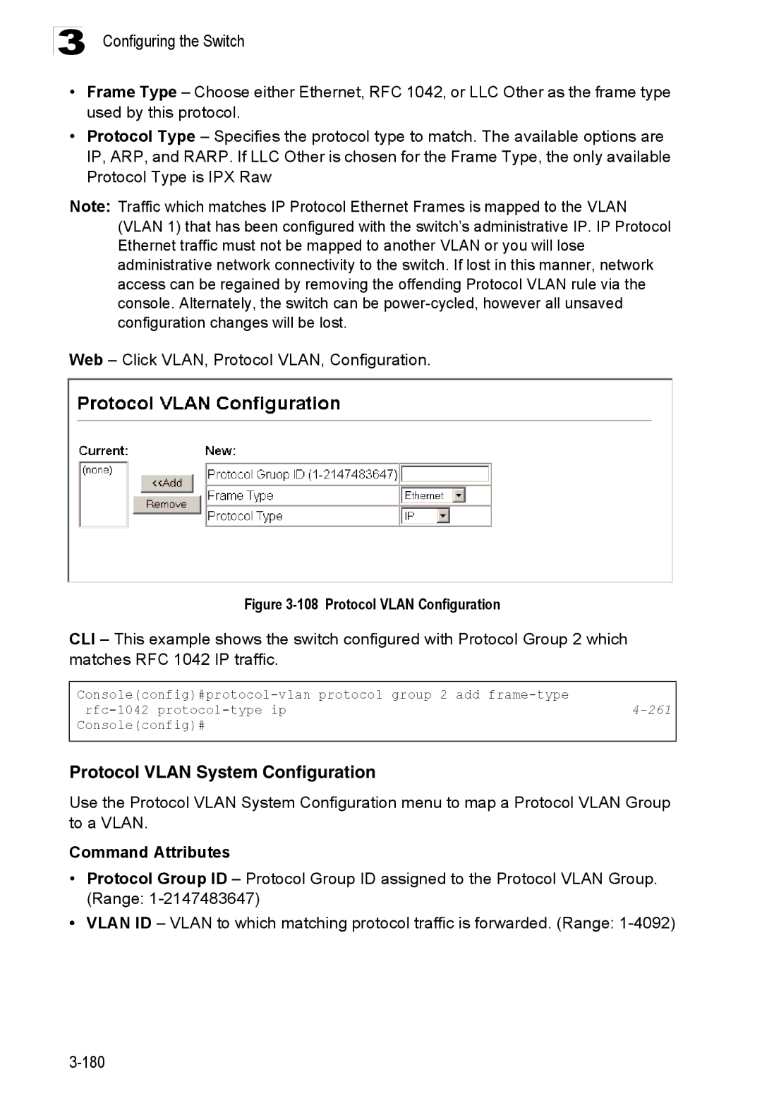 Accton Technology ES3528M-SFP manual Protocol Vlan System Configuration, 261 