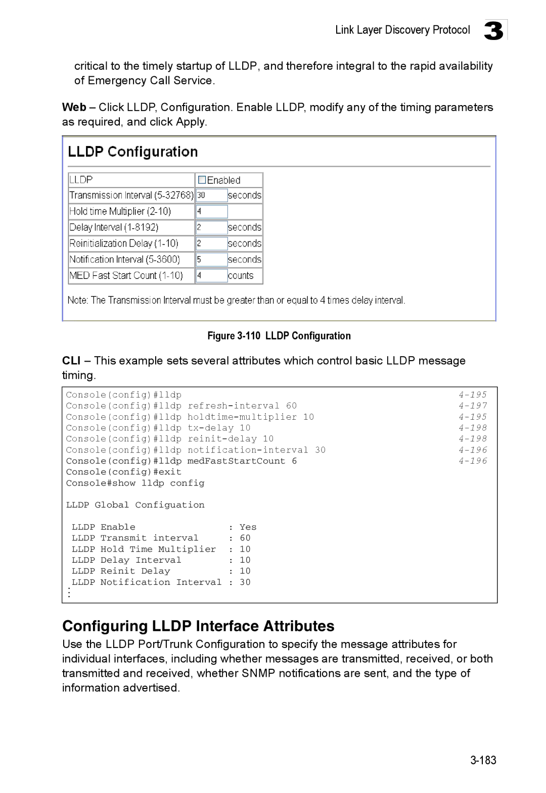 Accton Technology ES3528M-SFP manual Configuring Lldp Interface Attributes, 195, 197, 198, 196 