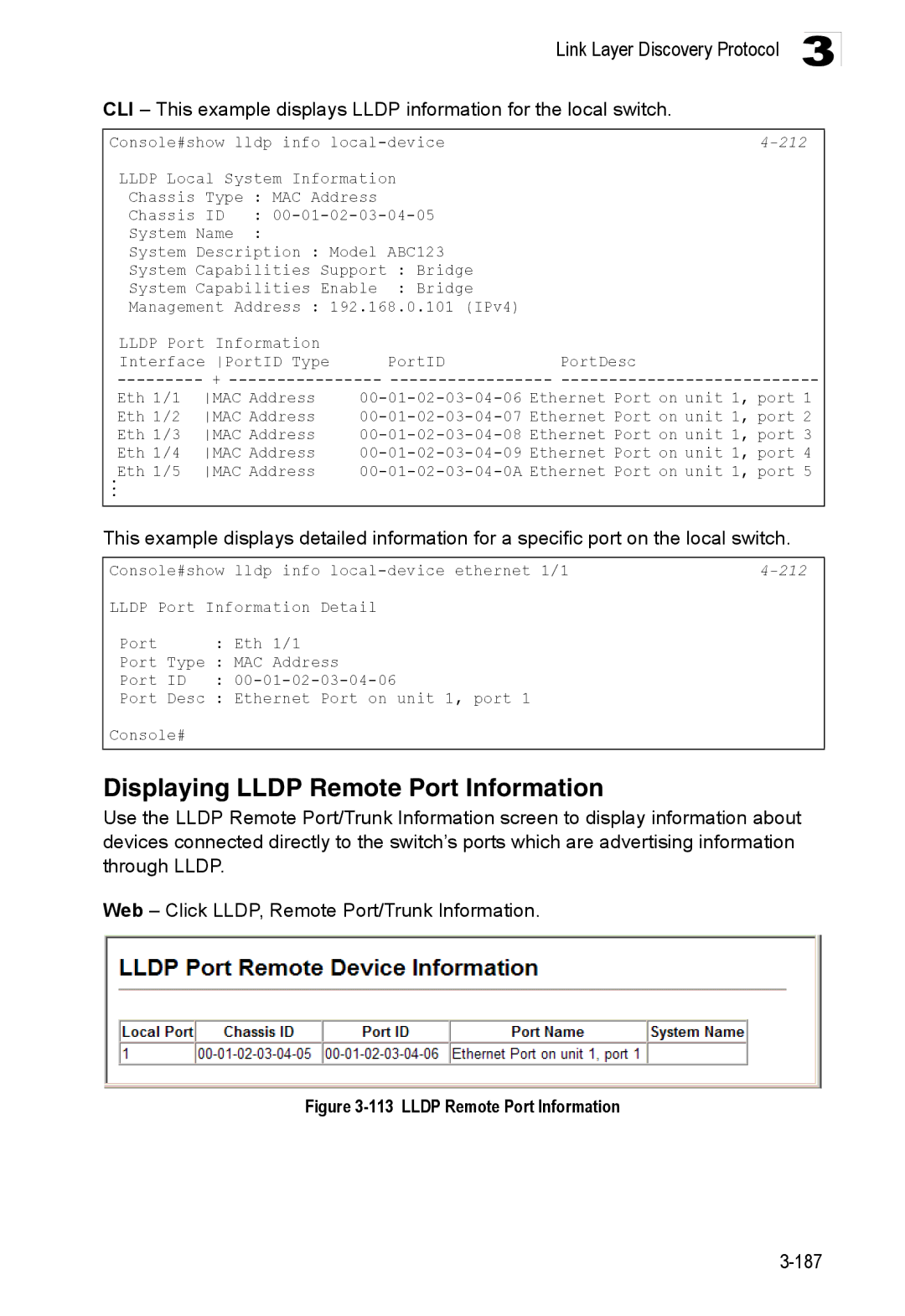 Accton Technology ES3528M-SFP manual Displaying Lldp Remote Port Information, 212 