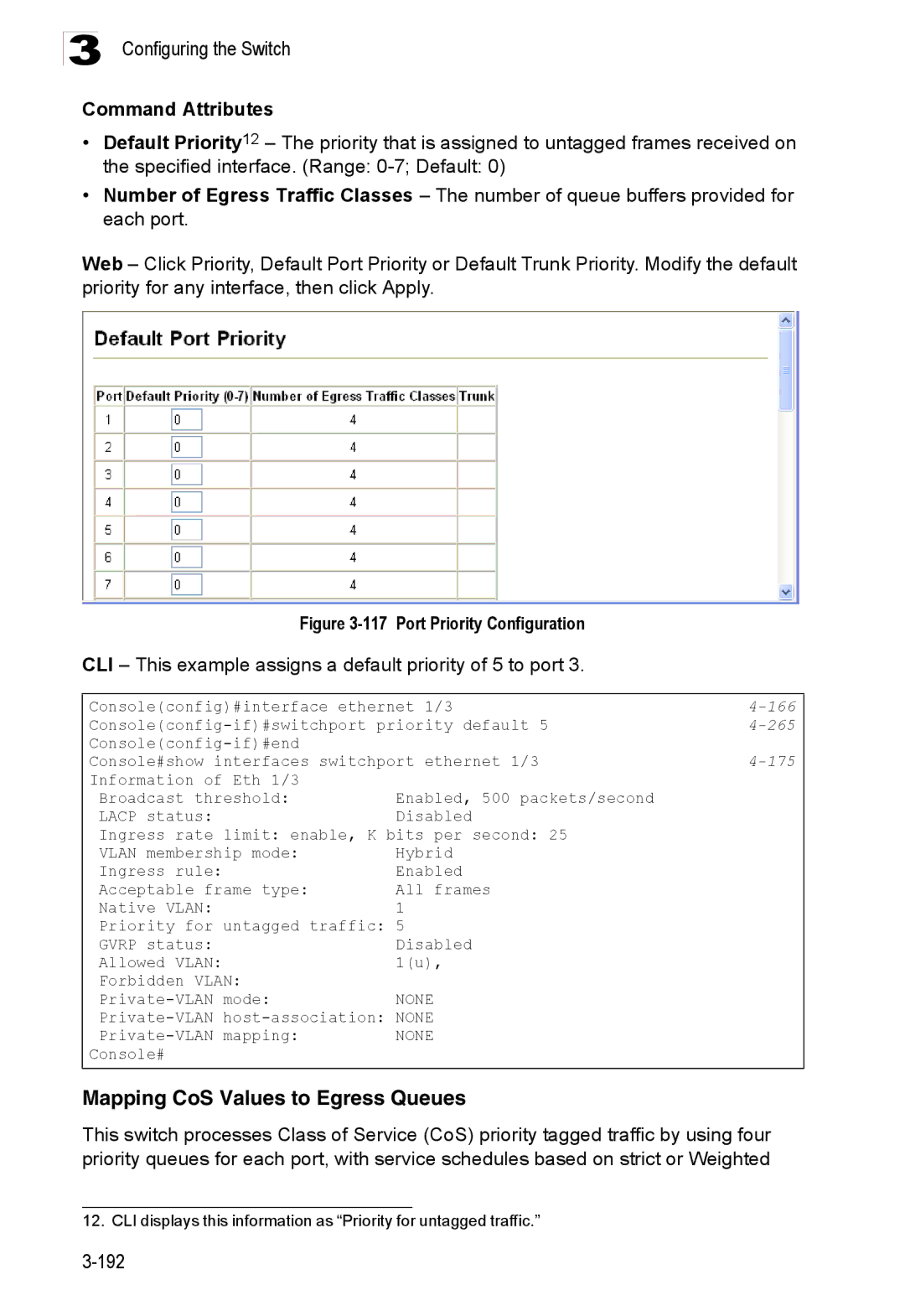 Accton Technology ES3528M-SFP manual Mapping CoS Values to Egress Queues, Port Priority Configuration, 265 