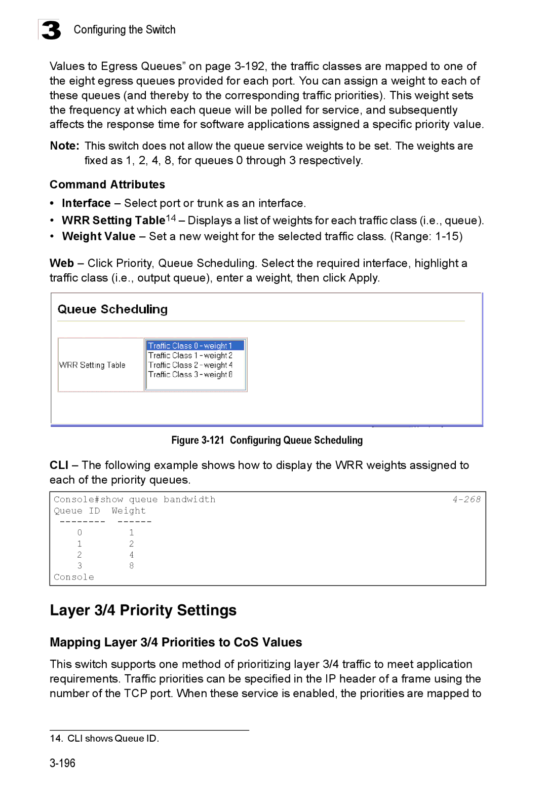 Accton Technology ES3528M-SFP manual Layer 3/4 Priority Settings, Mapping Layer 3/4 Priorities to CoS Values 