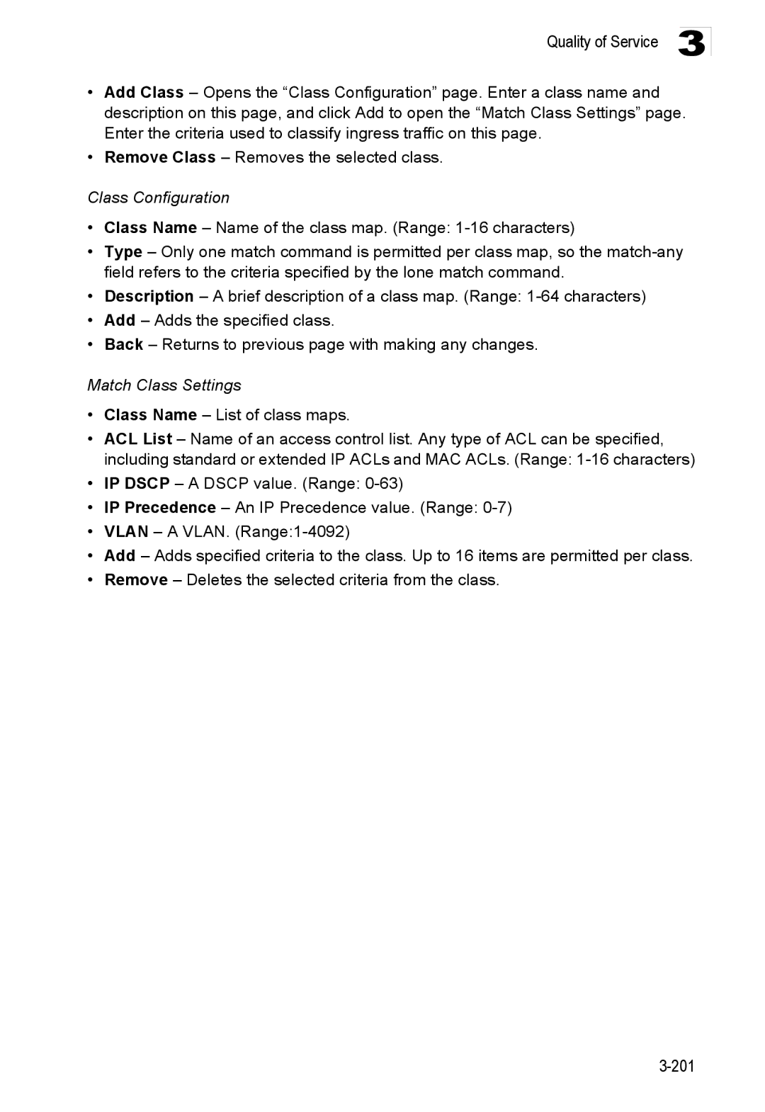 Accton Technology ES3528M-SFP manual Class Configuration, Match Class Settings 