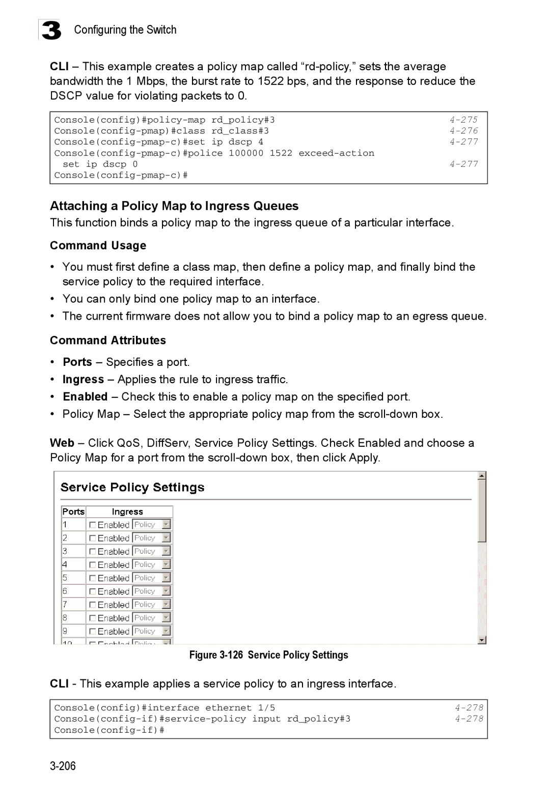 Accton Technology ES3528M-SFP manual Attaching a Policy Map to Ingress Queues, 275, 276, 277, 278 