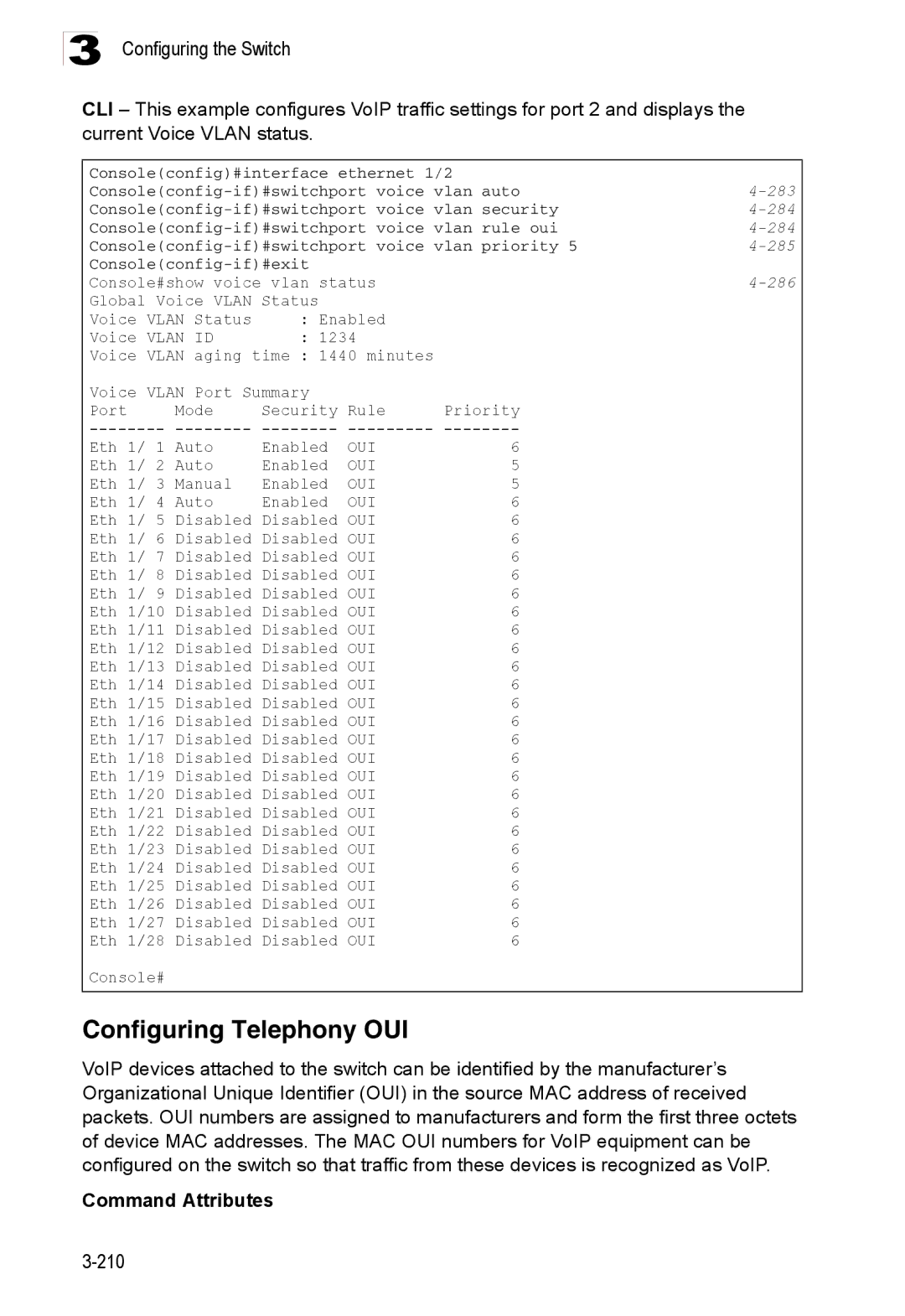 Accton Technology ES3528M-SFP manual Configuring Telephony OUI, 283, 284, 285, 286 