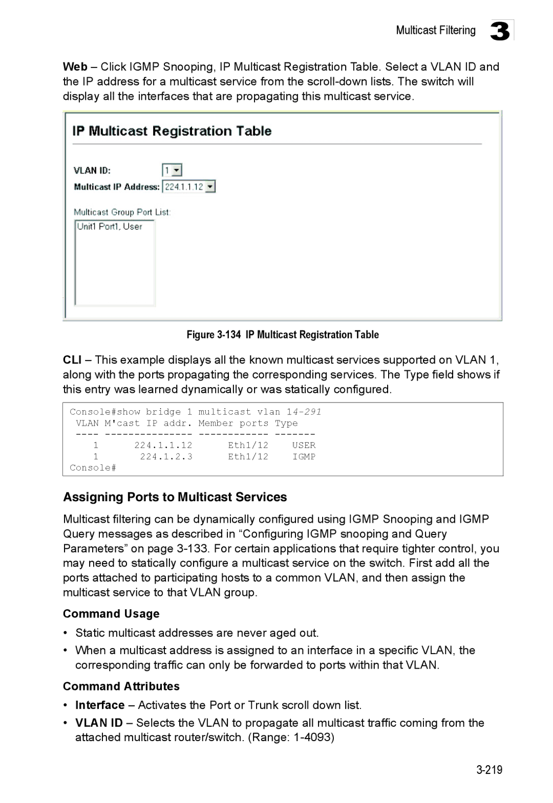 Accton Technology ES3528M-SFP manual Assigning Ports to Multicast Services, IP Multicast Registration Table 