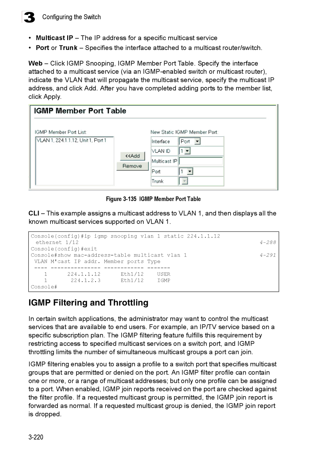 Accton Technology ES3528M-SFP manual Igmp Filtering and Throttling, 291 