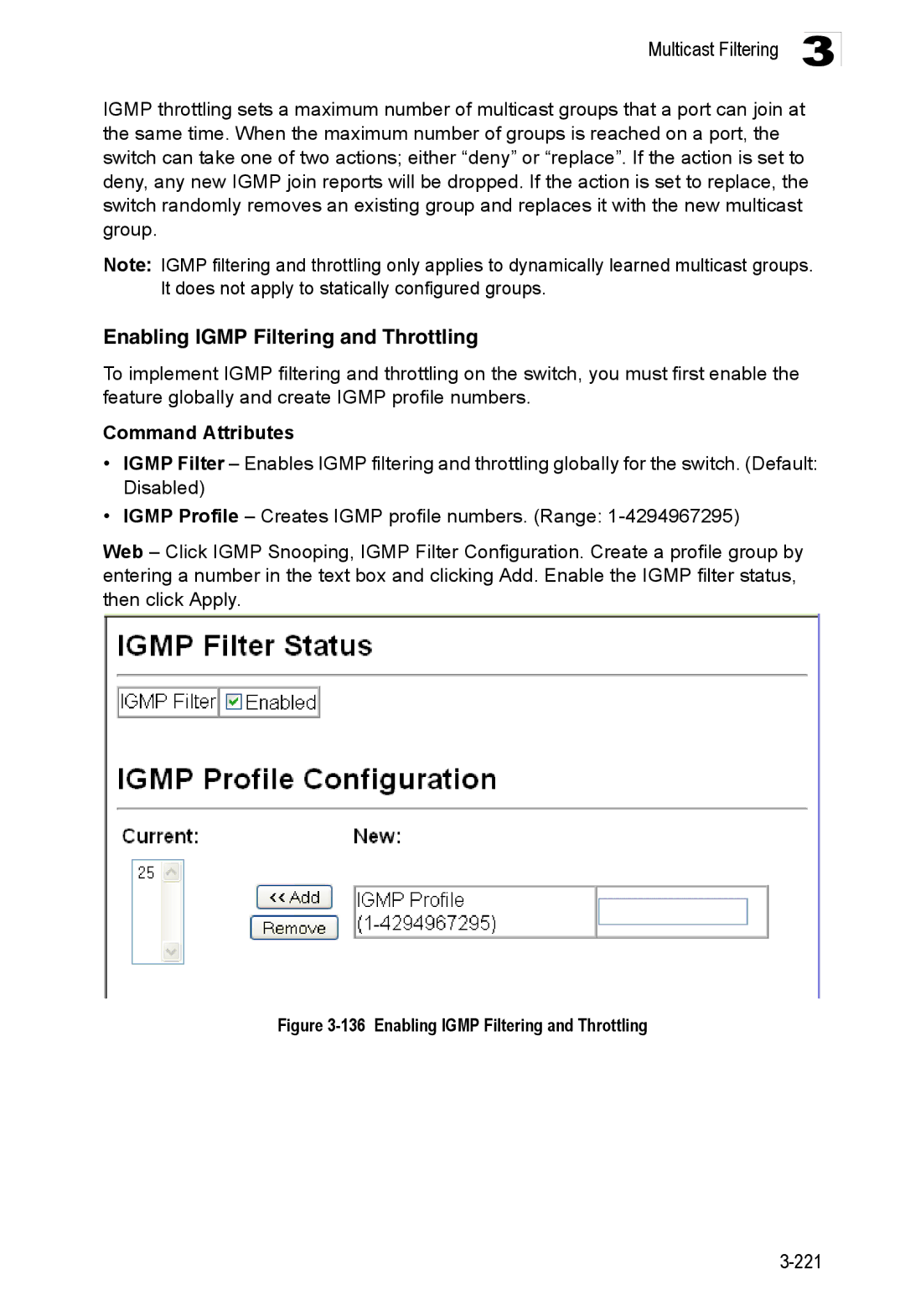 Accton Technology ES3528M-SFP manual Enabling Igmp Filtering and Throttling 