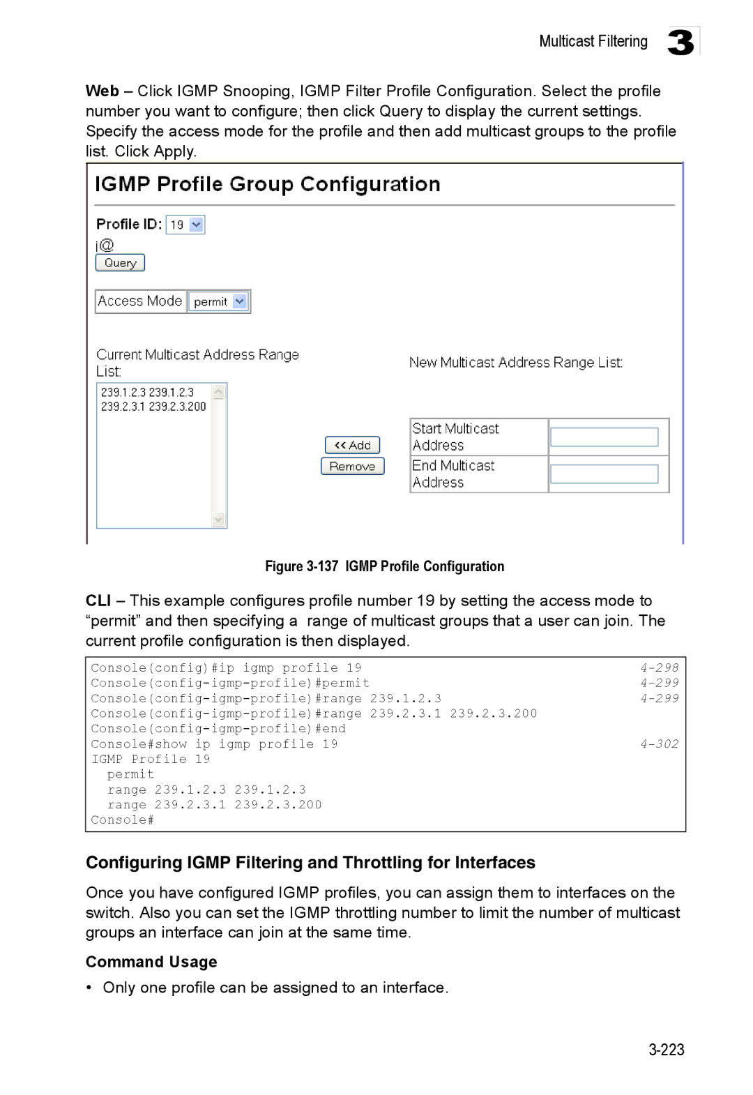 Accton Technology ES3528M-SFP manual Configuring Igmp Filtering and Throttling for Interfaces, 299 