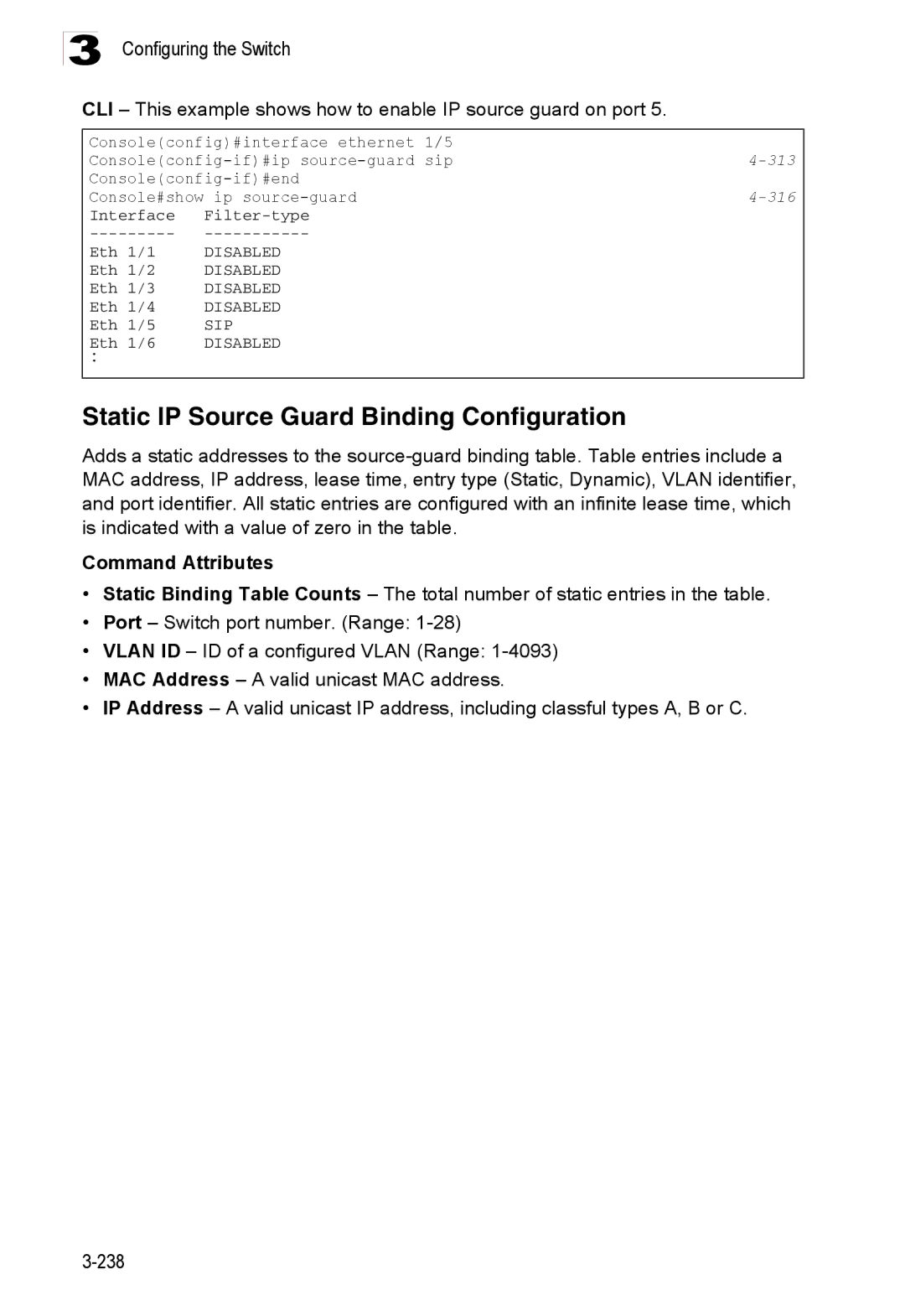 Accton Technology ES3528M-SFP manual Static IP Source Guard Binding Configuration, 313, 316 