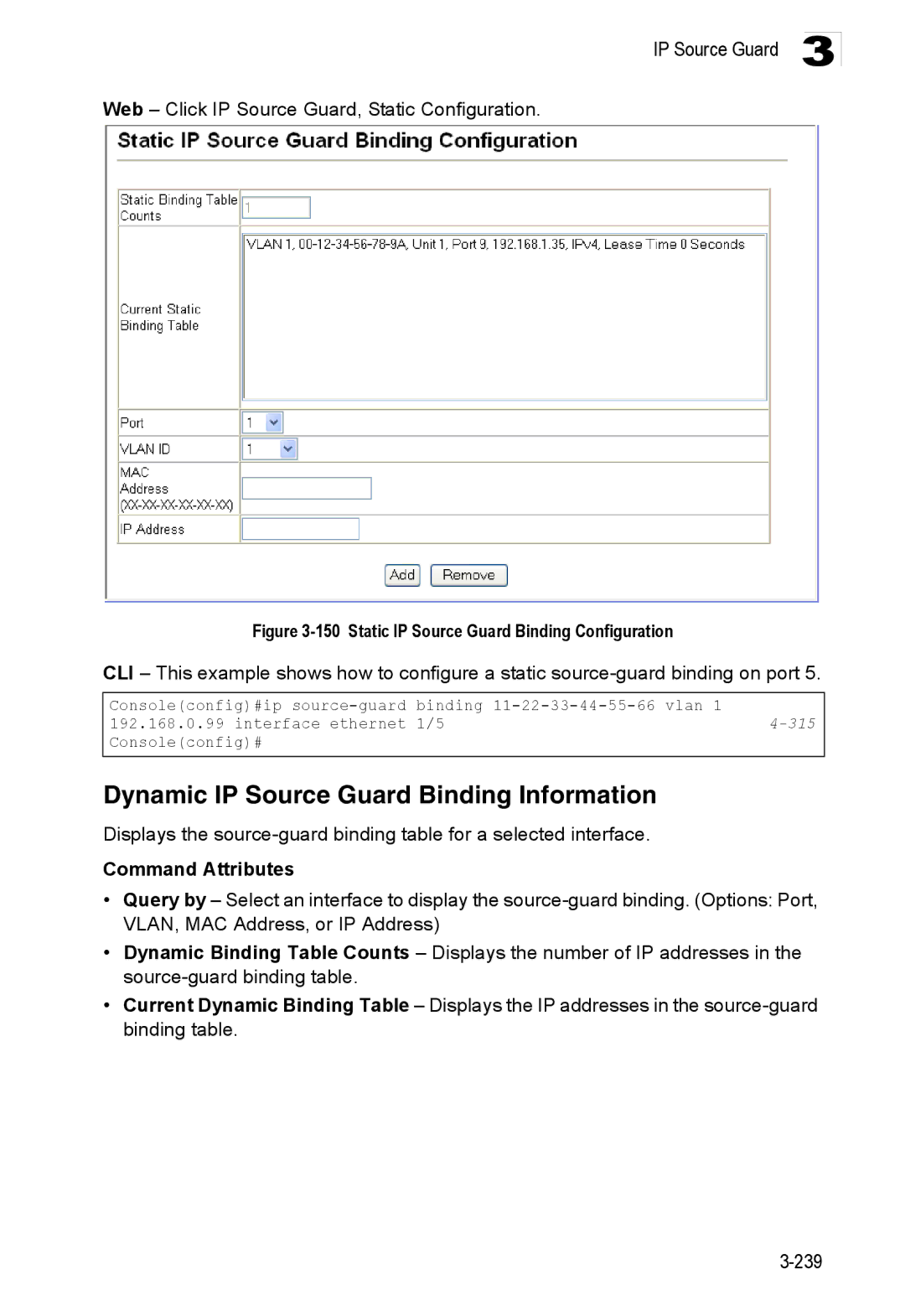 Accton Technology ES3528M-SFP Dynamic IP Source Guard Binding Information, Web Click IP Source Guard, Static Configuration 