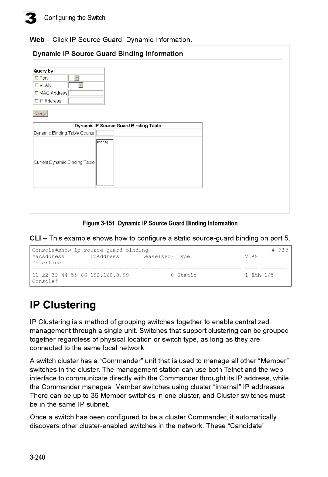 Accton Technology ES3528M-SFP manual IP Clustering, Web Click IP Source Guard, Dynamic Information 