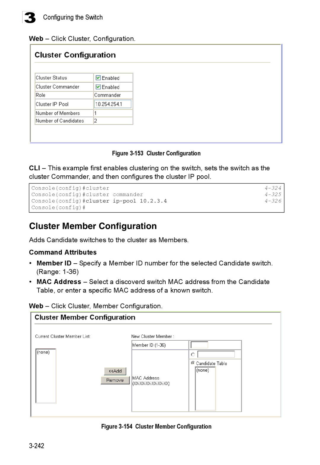 Accton Technology ES3528M-SFP manual Cluster Member Configuration, Web Click Cluster, Configuration, 325, 326 