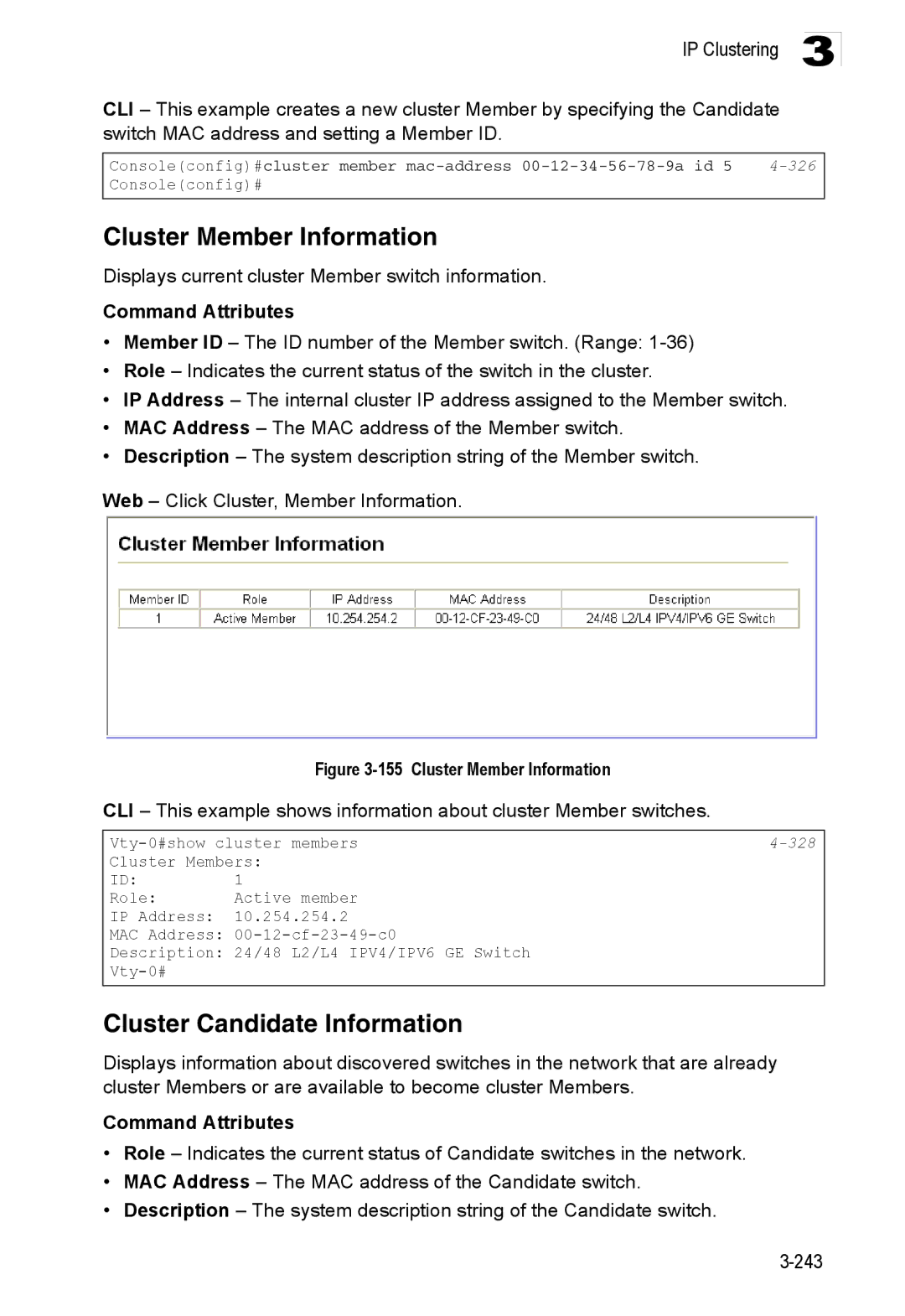 Accton Technology ES3528M-SFP manual Cluster Member Information, Cluster Candidate Information, 328 