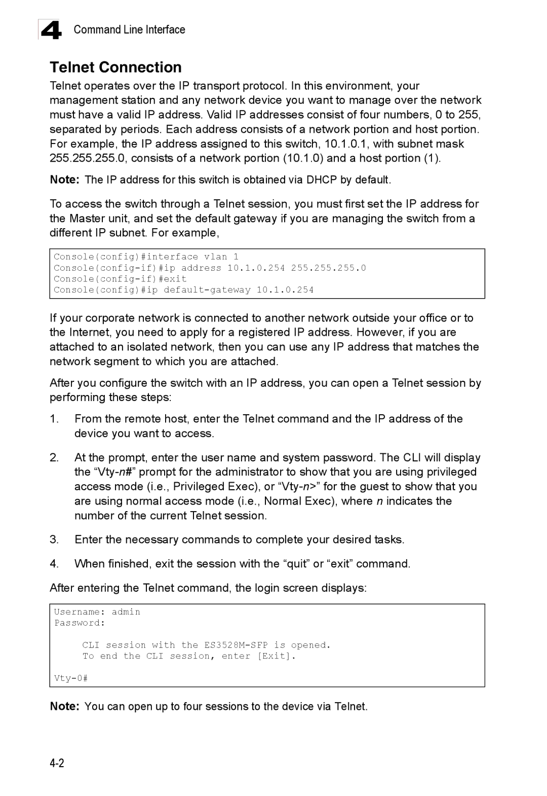 Accton Technology ES3528M-SFP manual Telnet Connection 