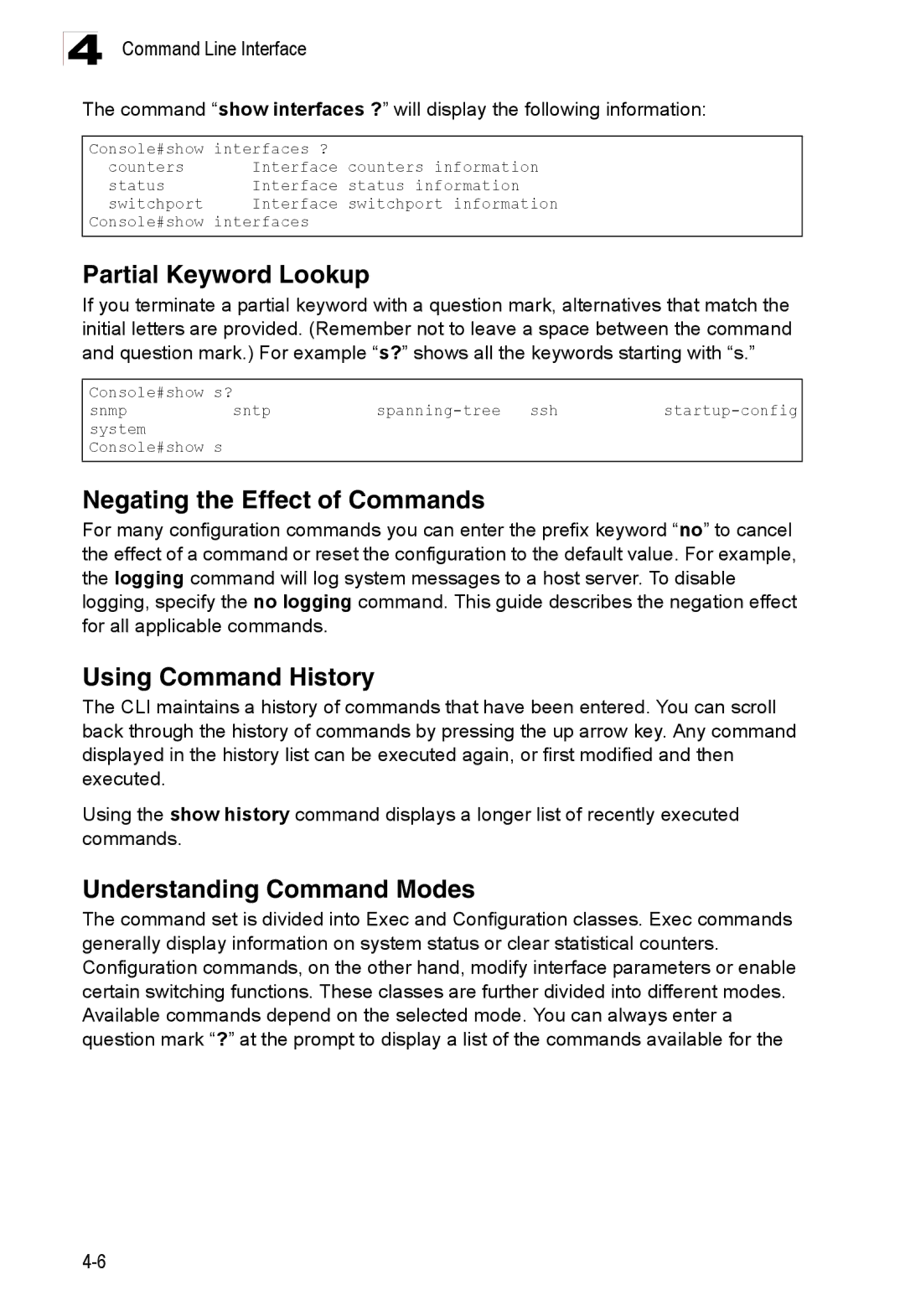 Accton Technology ES3528M-SFP manual Partial Keyword Lookup, Negating the Effect of Commands, Using Command History 