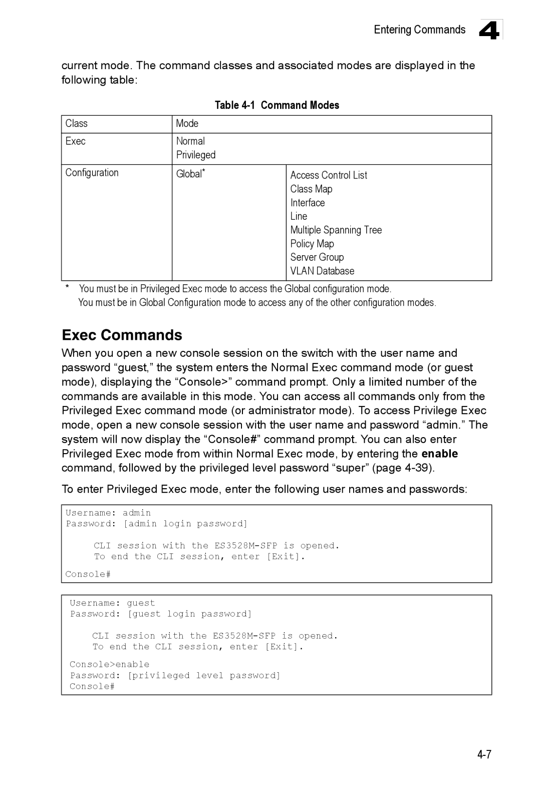 Accton Technology ES3528M-SFP manual Exec Commands, Command Modes 