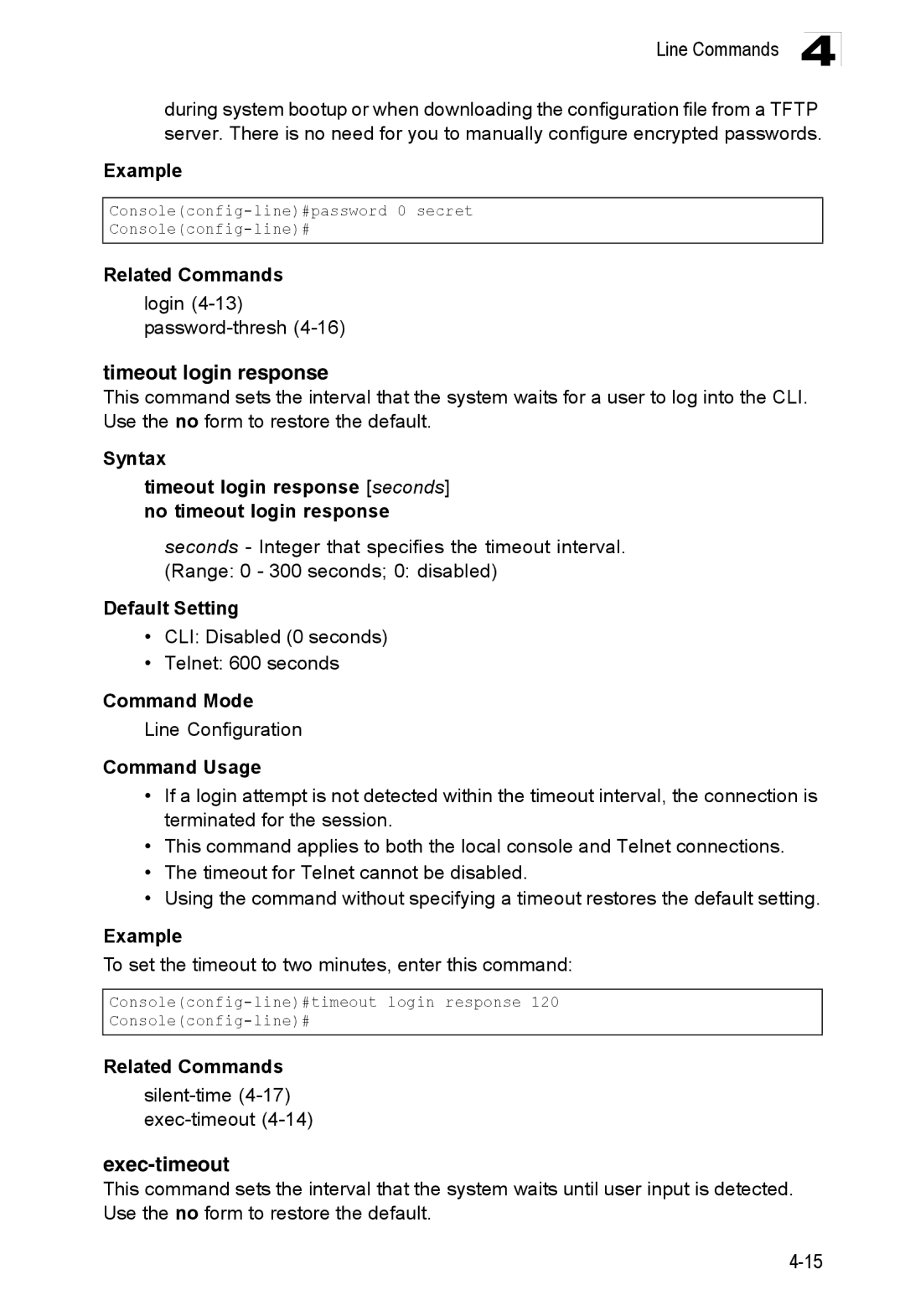 Accton Technology ES3528M-SFP manual Timeout login response, Exec-timeout 