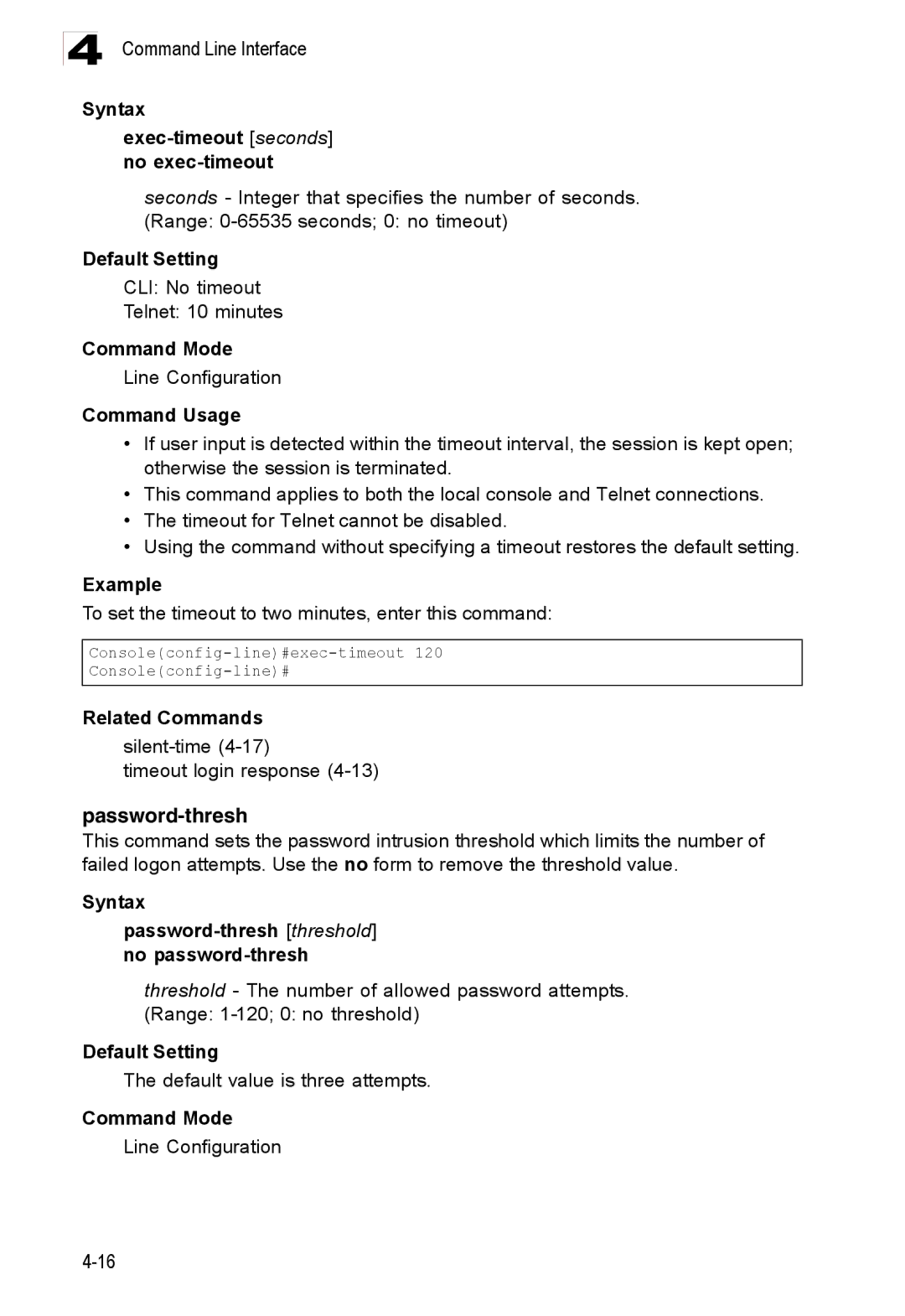 Accton Technology ES3528M-SFP manual Password-thresh, Syntax Exec-timeout seconds no exec-timeout 