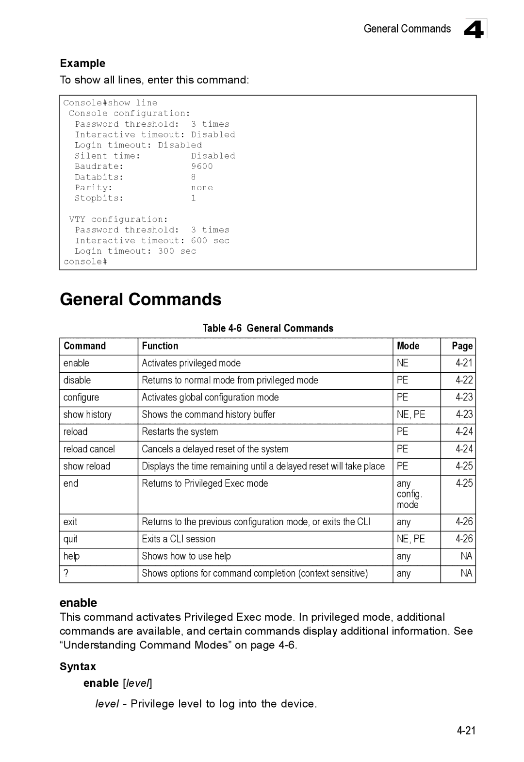 Accton Technology ES3528M-SFP manual General Commands Function Mode, Syntax Enable level 