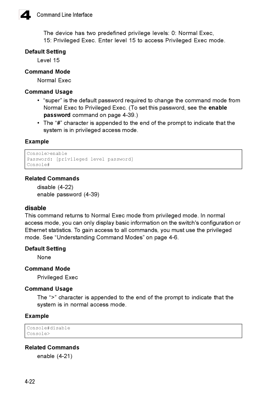 Accton Technology ES3528M-SFP manual Level, Normal Exec, Disable Enable password 