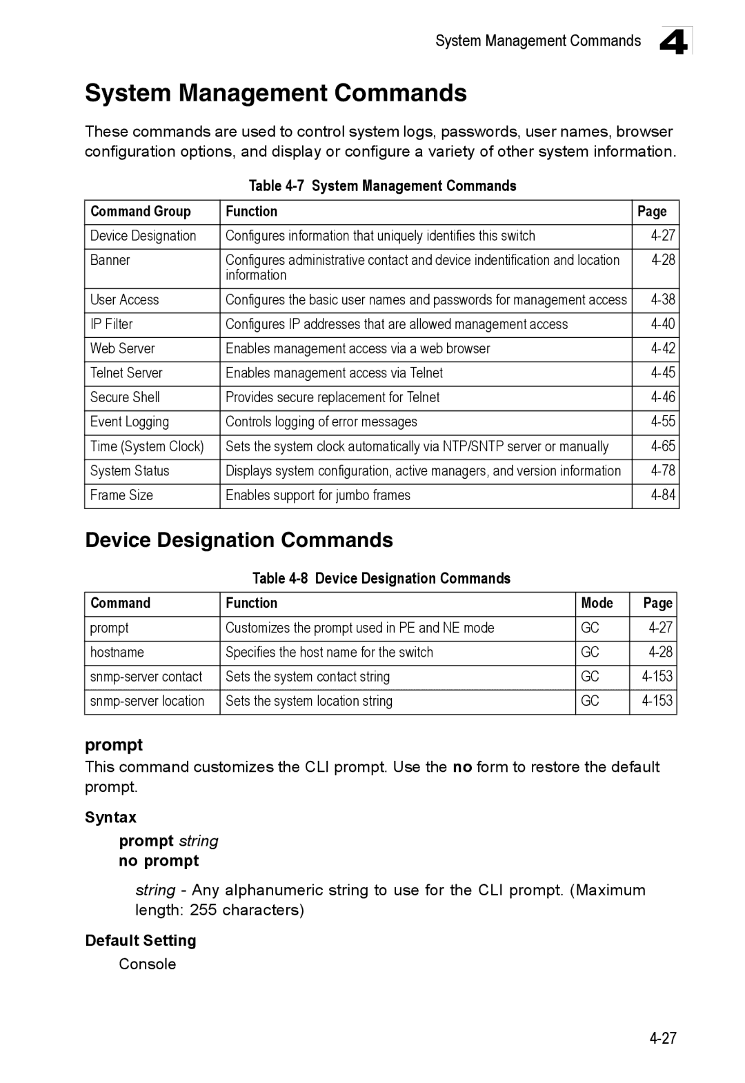 Accton Technology ES3528M-SFP manual System Management Commands, Device Designation Commands, Prompt 