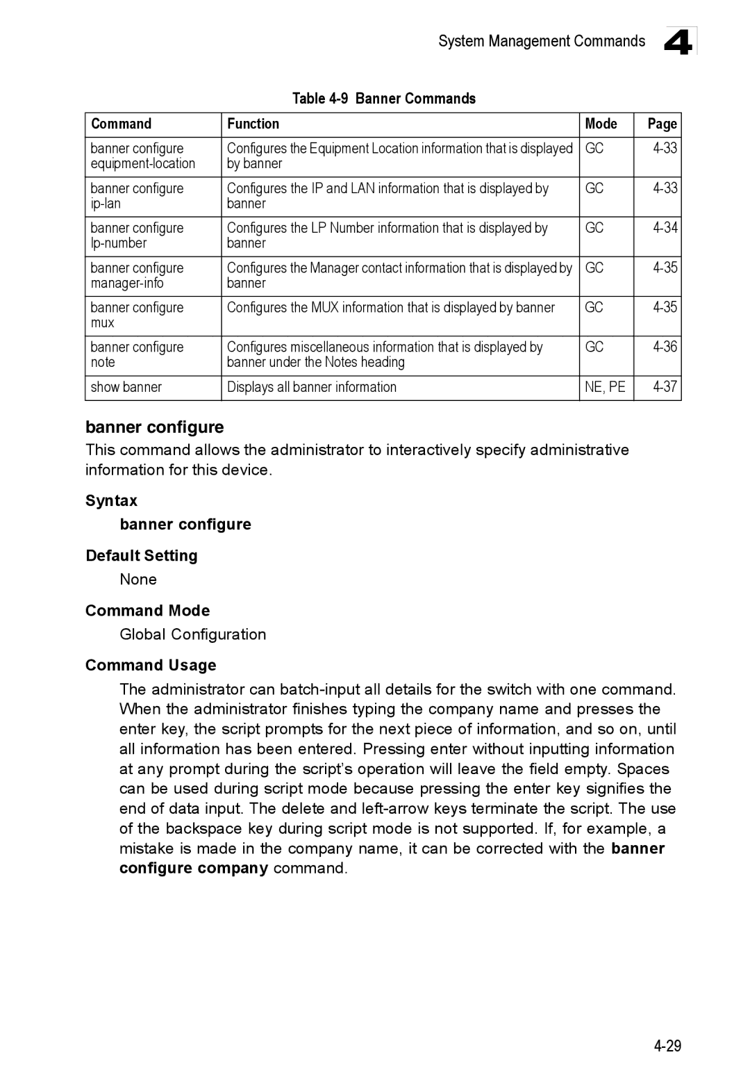 Accton Technology ES3528M-SFP manual Syntax Banner configure Default Setting 