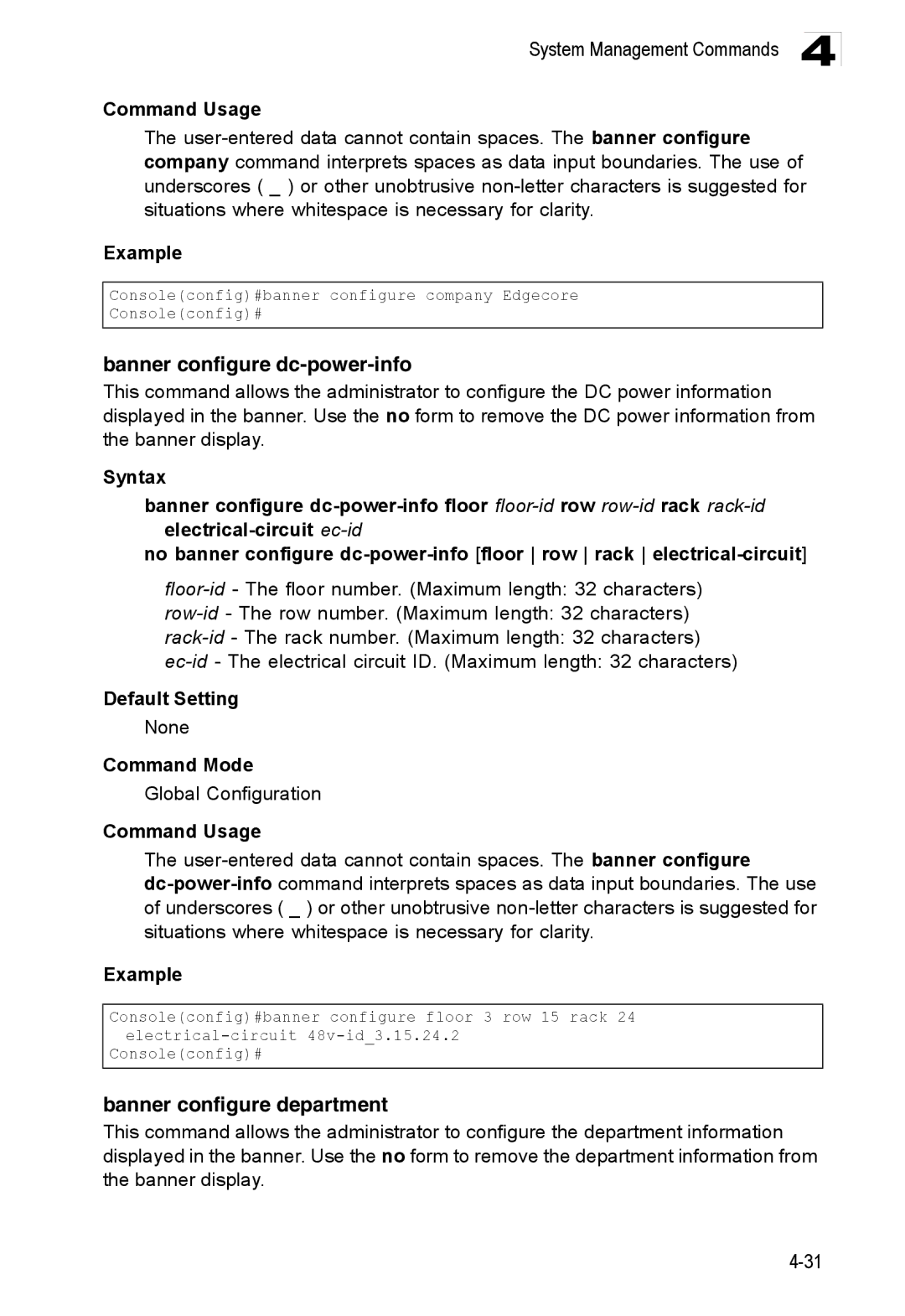 Accton Technology ES3528M-SFP manual Banner configure dc-power-info, Banner configure department 