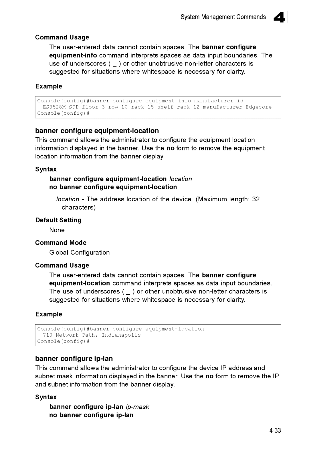 Accton Technology ES3528M-SFP manual Banner configure equipment-location, Banner configure ip-lan 