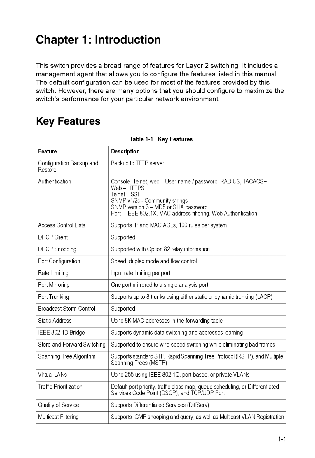 Accton Technology ES3528M-SFP manual Key Features, Feature Description 