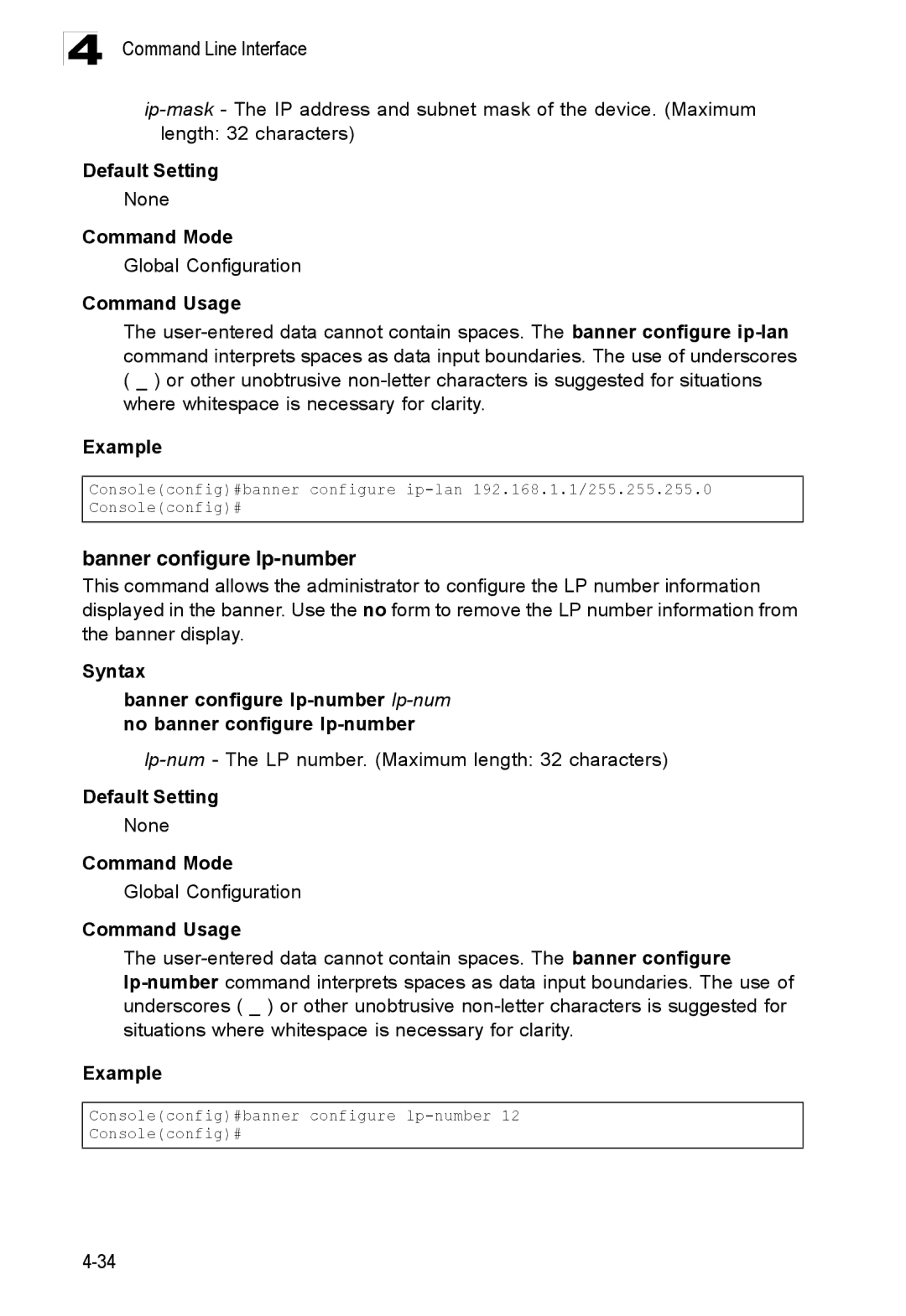 Accton Technology ES3528M-SFP manual Banner configure lp-number, Lp-num- The LP number. Maximum length 32 characters 