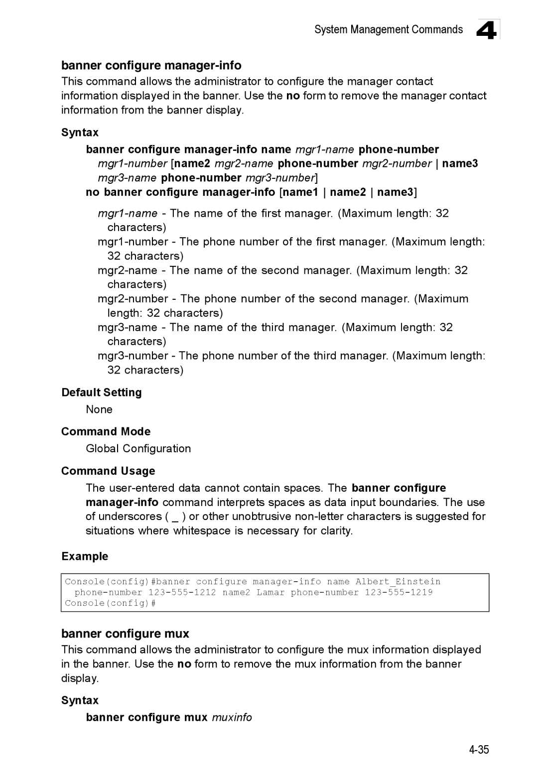 Accton Technology ES3528M-SFP manual Banner configure manager-info, Syntax Banner configure mux muxinfo 