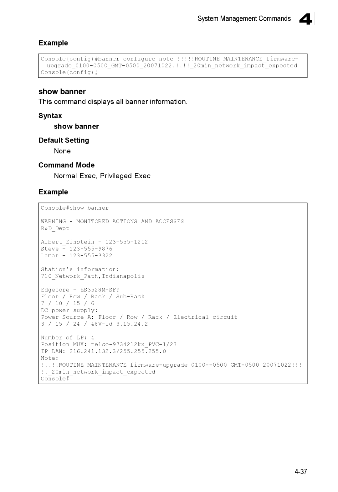 Accton Technology ES3528M-SFP manual Show banner, This command displays all banner information 