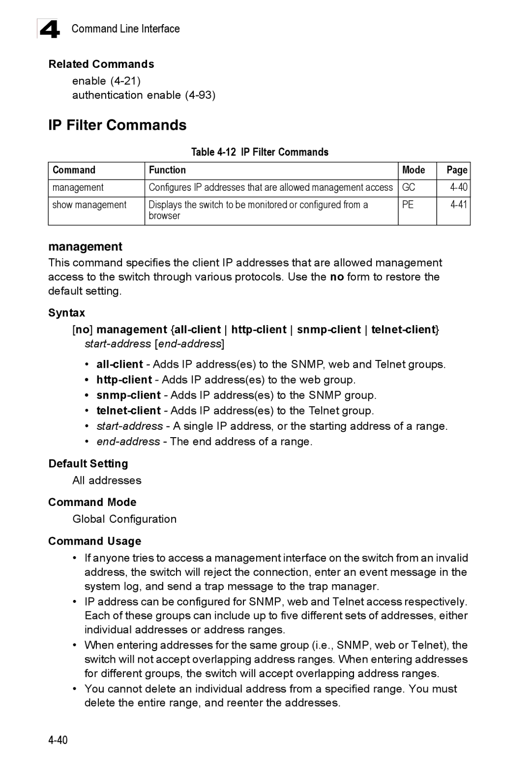 Accton Technology ES3528M-SFP manual Management, IP Filter Commands Function Mode 