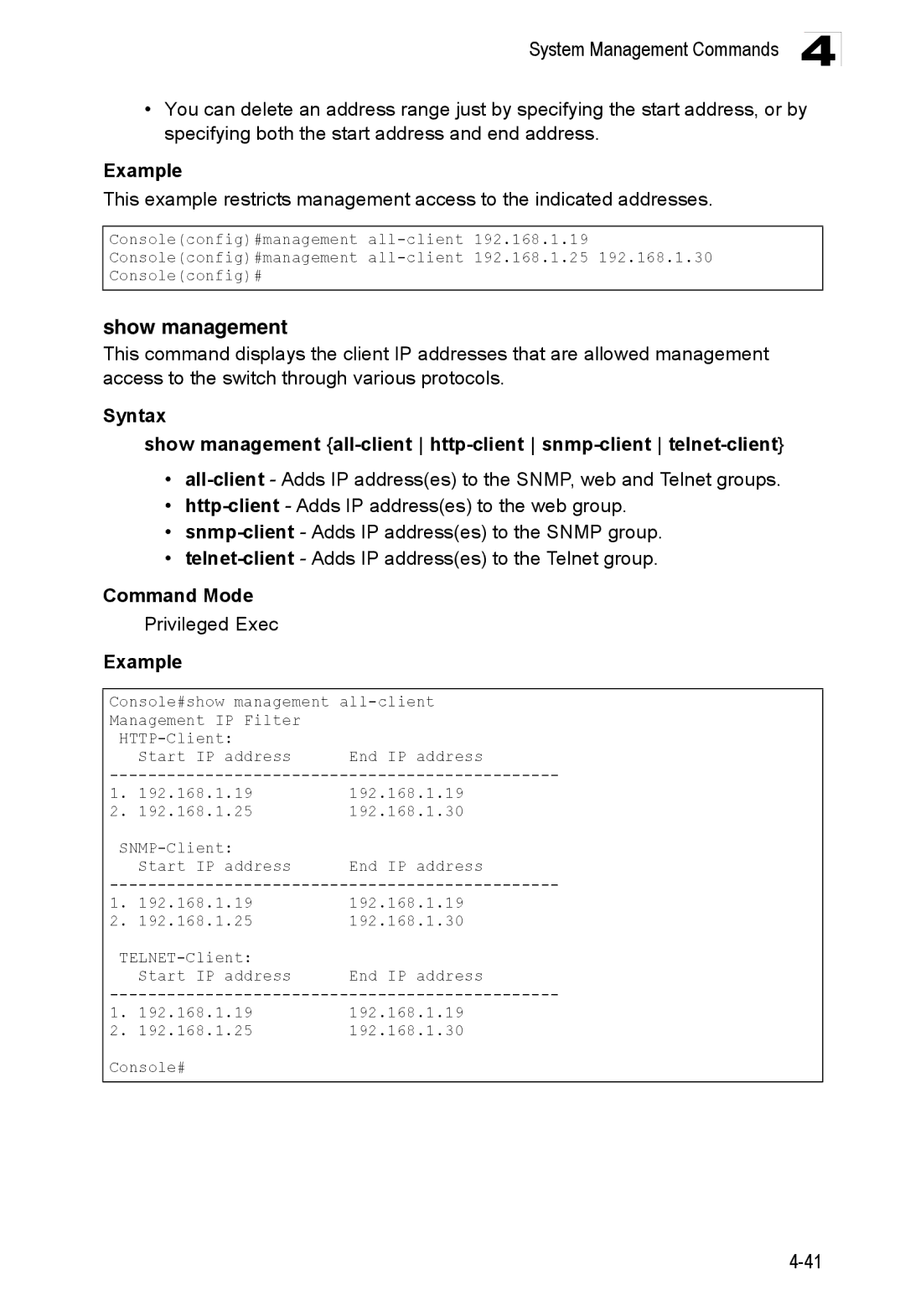 Accton Technology ES3528M-SFP manual Show management, Privileged Exec 