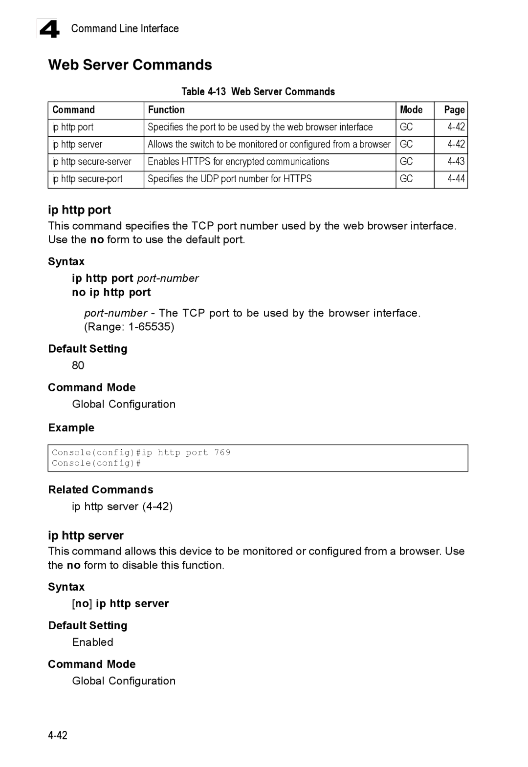 Accton Technology ES3528M-SFP manual Web Server Commands, Ip http port, Ip http server 