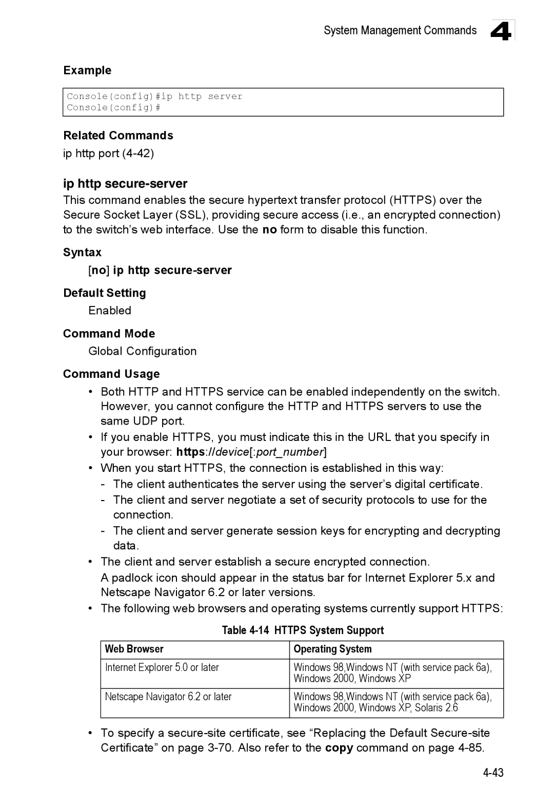 Accton Technology ES3528M-SFP manual Ip http secure-server, Ip http port, Syntax No ip http secure-server Default Setting 