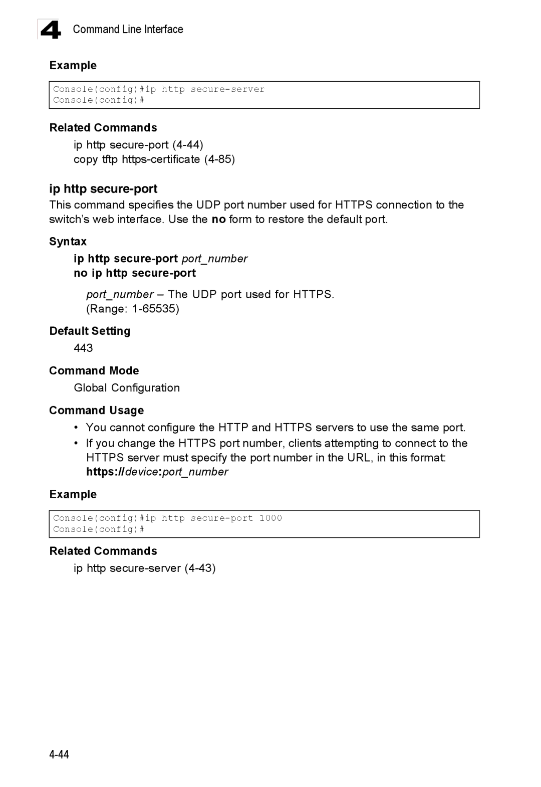 Accton Technology ES3528M-SFP manual Ip http secure-port4-44 Copy tftp https-certificate, Ip http secure-server4-43 