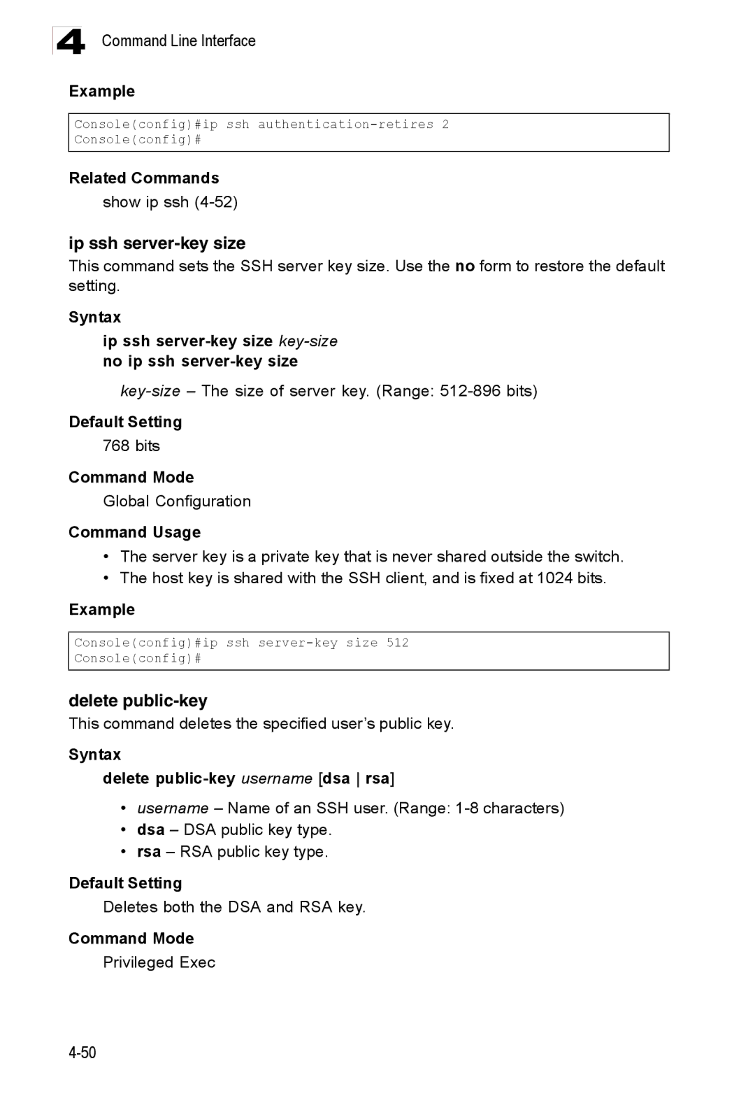 Accton Technology ES3528M-SFP manual Ip ssh server-key size, Syntax Delete public-key username dsa rsa 