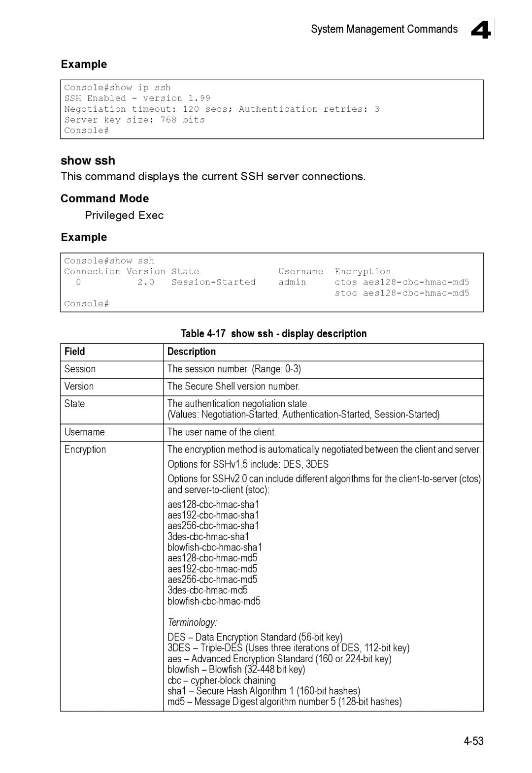 Accton Technology ES3528M-SFP manual Show ssh, show ssh display description, Terminology 