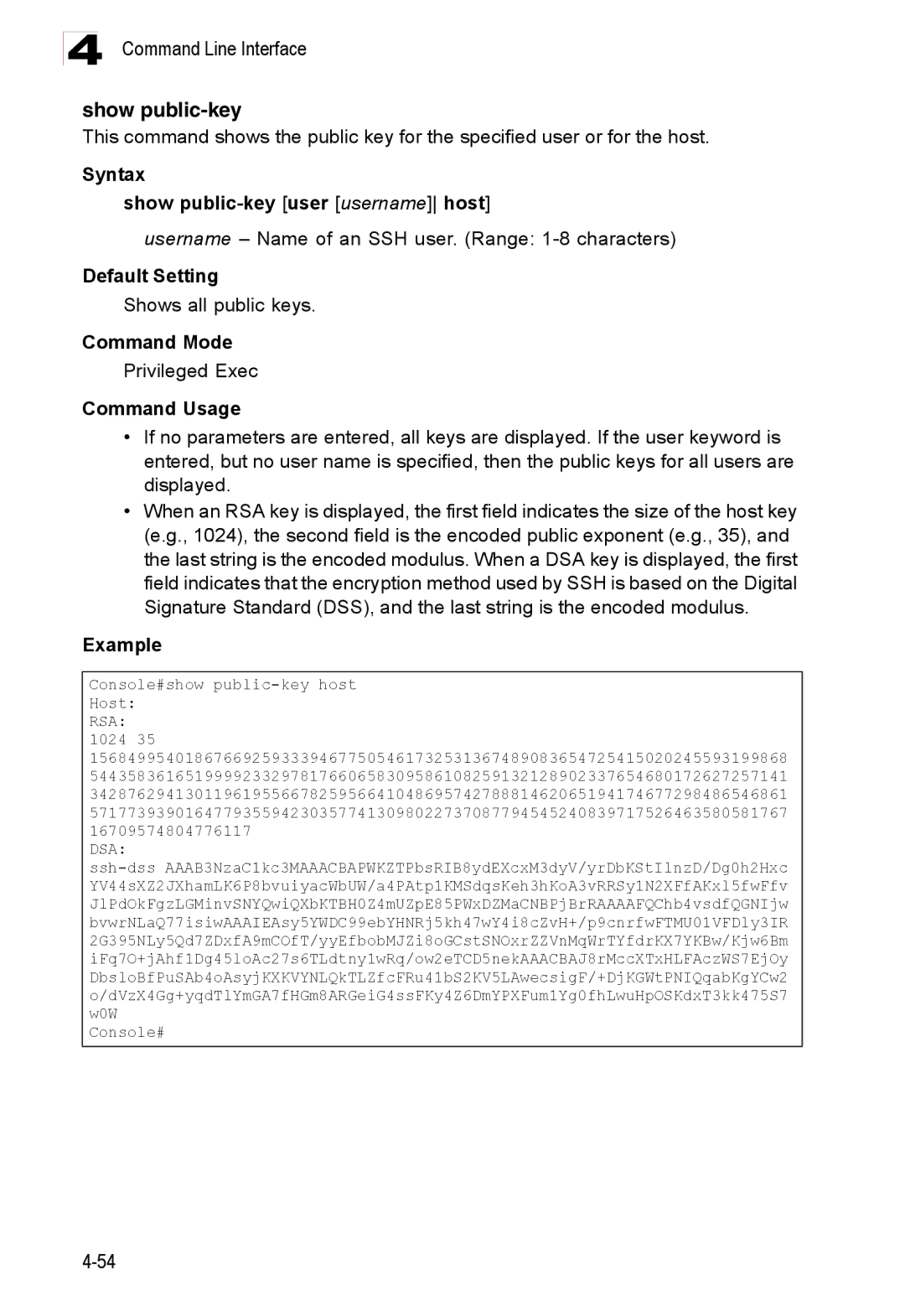 Accton Technology ES3528M-SFP manual Syntax Show public-key user username host, Shows all public keys 