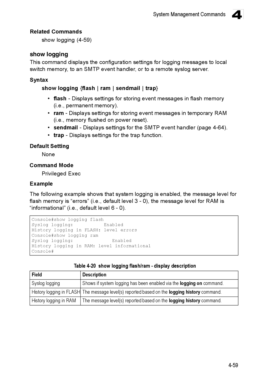 Accton Technology ES3528M-SFP Syntax Show logging flash ram sendmail trap, show logging flash/ram display description 