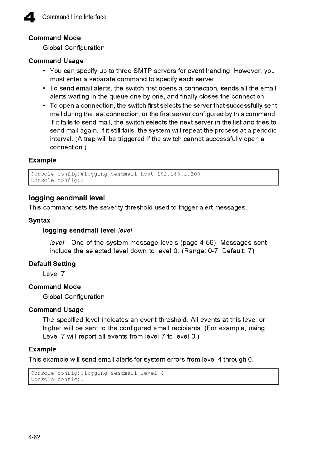 Accton Technology ES3528M-SFP manual Syntax Logging sendmail level level 